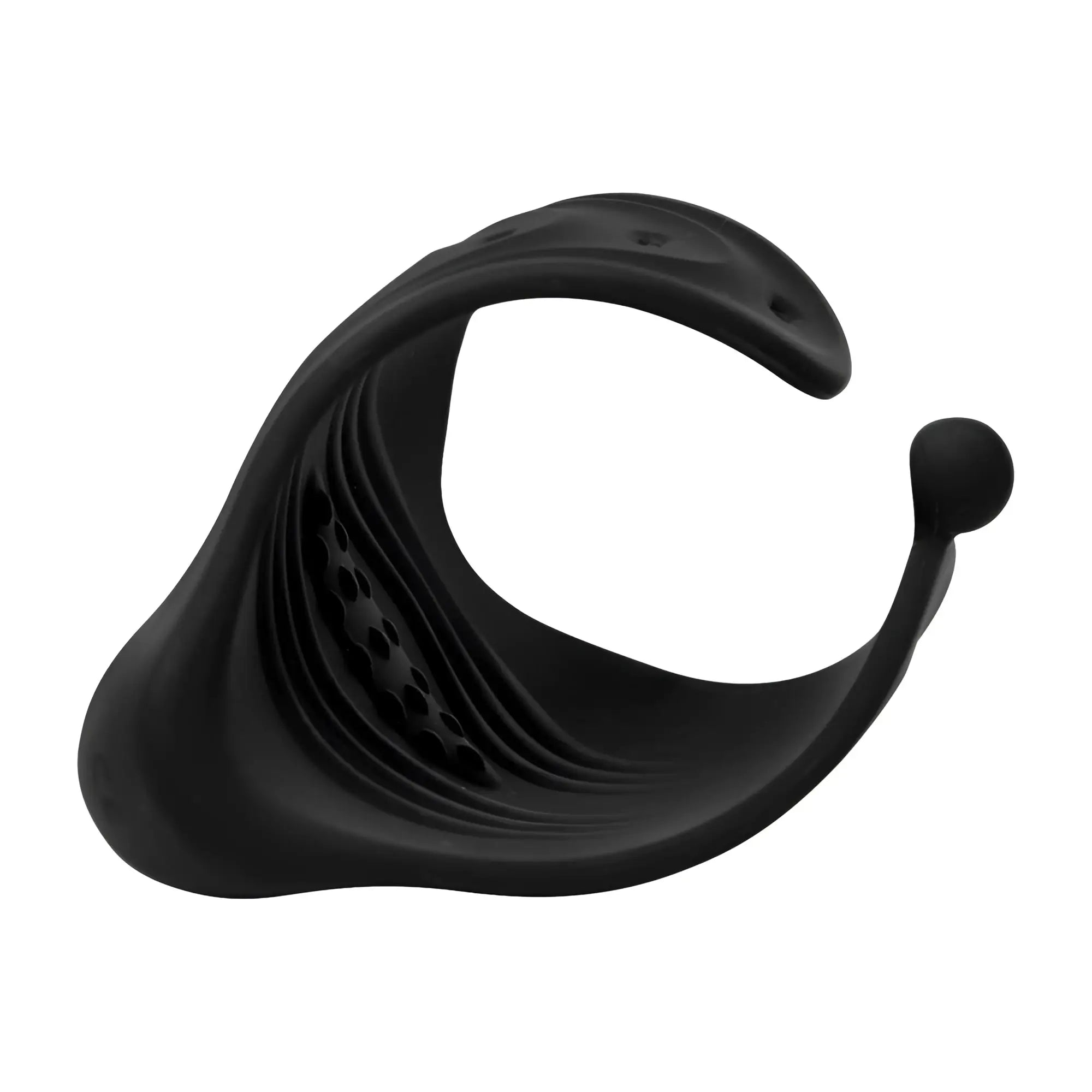 Trinity Men 10X Pleasure Stroke: A black, C-shaped silicone vibrating penis sleeve with textured internal ridges.
