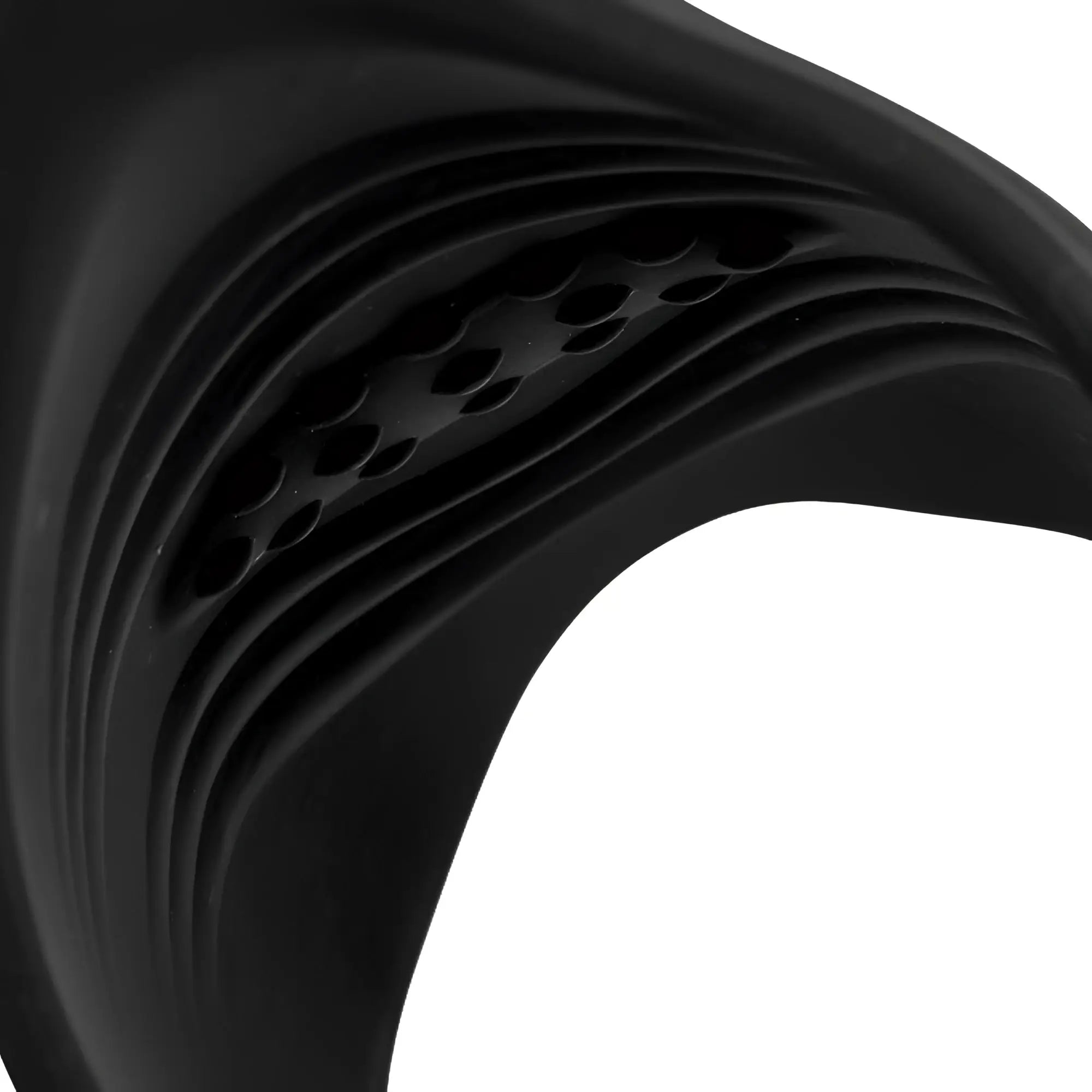 Trinity Men 10X Pleasure Stroke black silicone sleeve featuring internal ribbed texture and raised stimulation nodes.