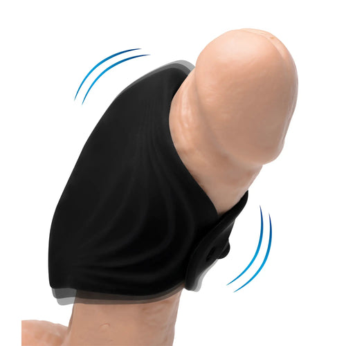 Trinity Men 10X Pleasure Stroke: A black silicone vibrating penis sleeve shown on a realistic skin-tone model.