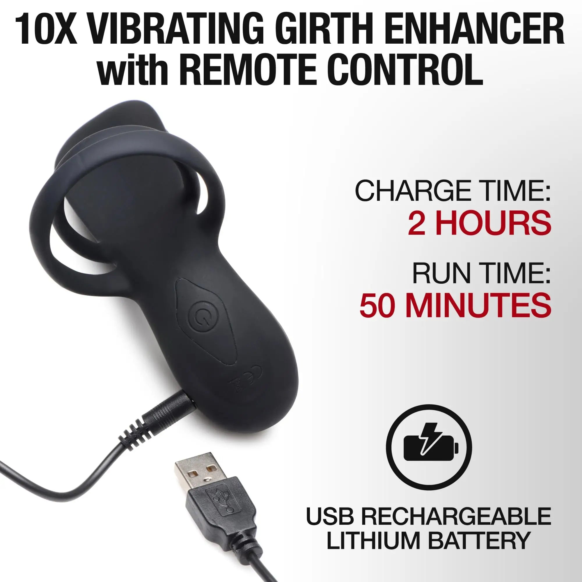 Black Trinity 10X silicone vibrating girth enhancer with a power button and USB charging cable.