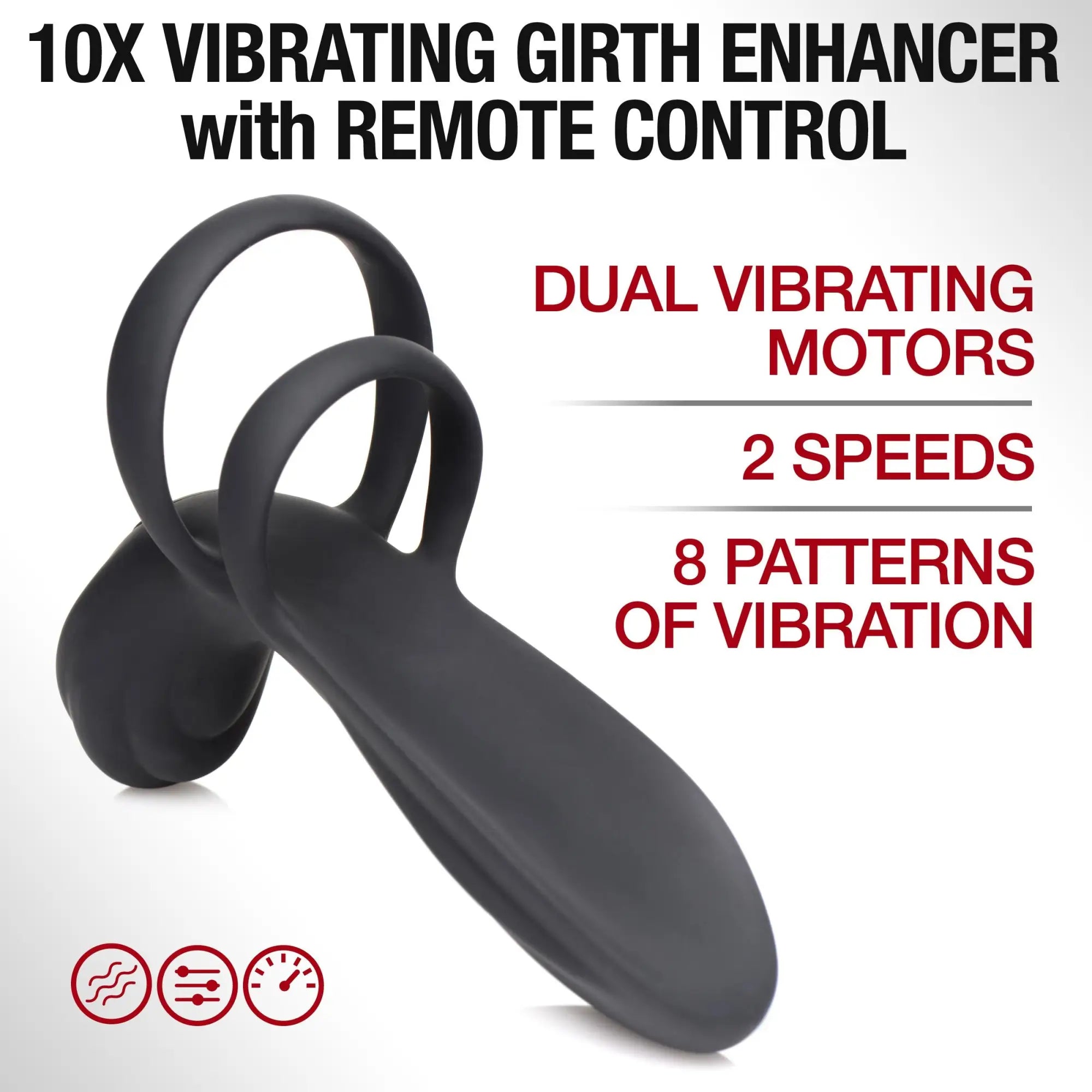 Trinity Men 10X black silicone vibrating girth enhancer with dual rings and a remote control.