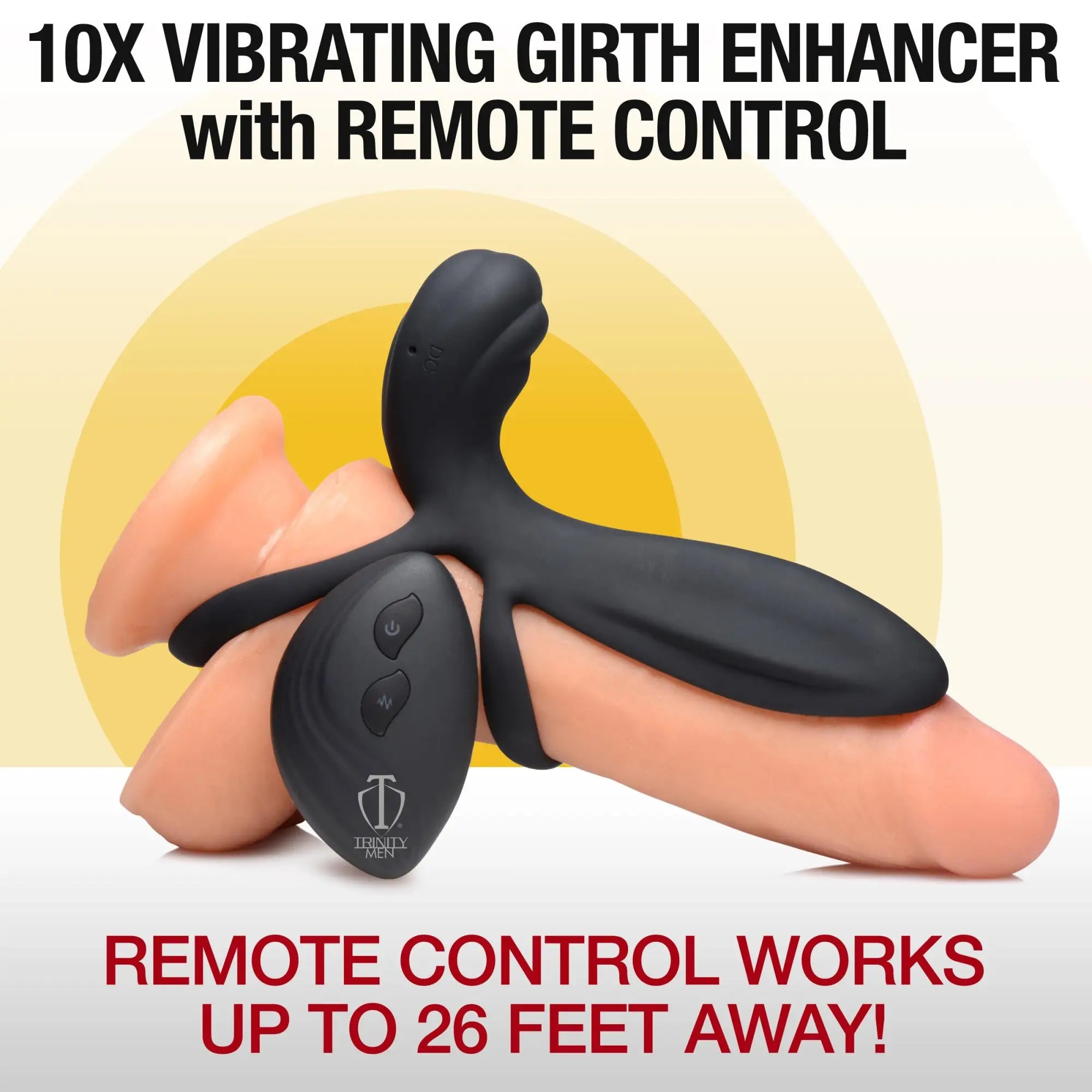 Trinity Men black silicone vibrating girth enhancer shown on a flesh-toned model with its included remote control.