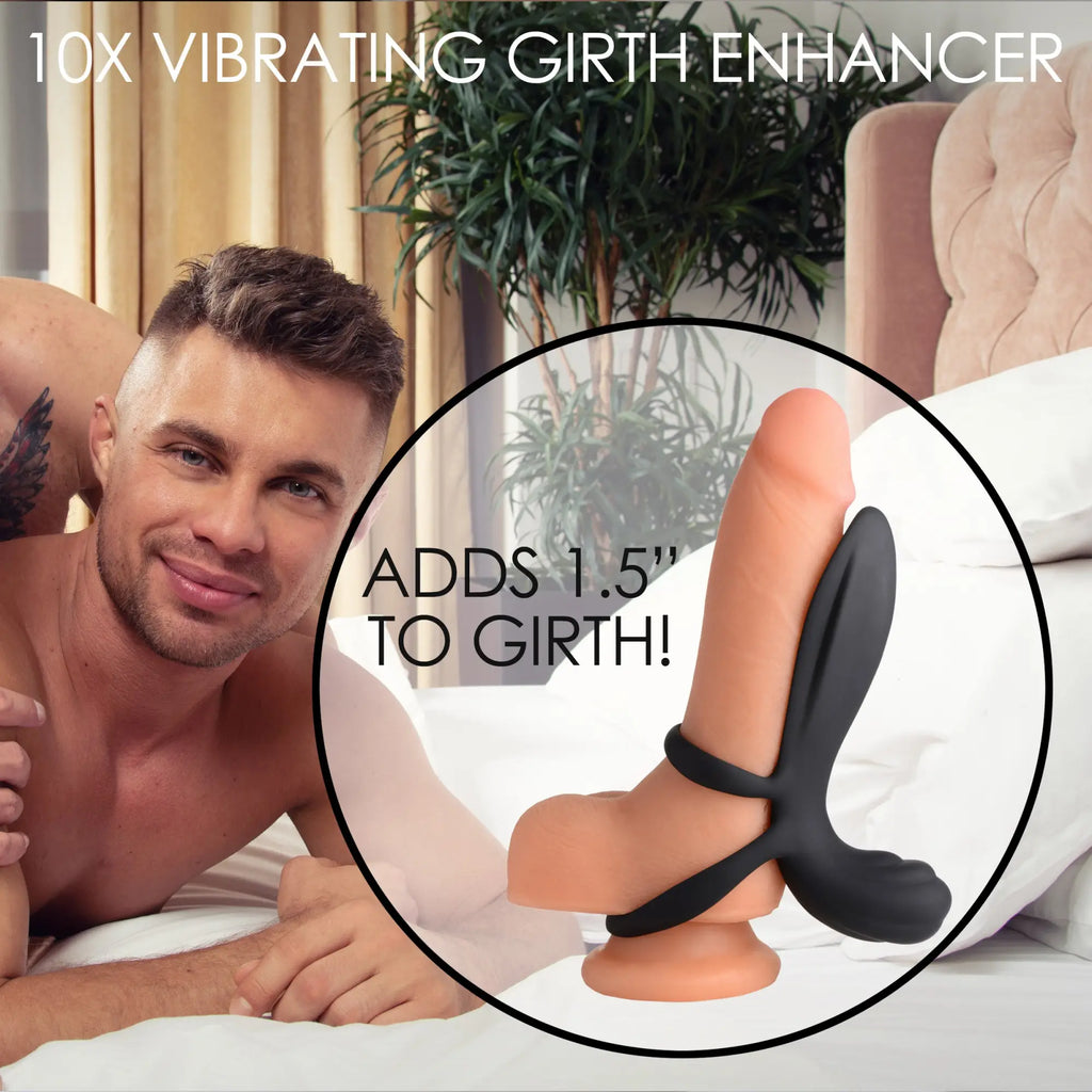 Trinity Men 10X black silicone vibrating girth enhancer shown on a skin-toned model in a bedroom setting.