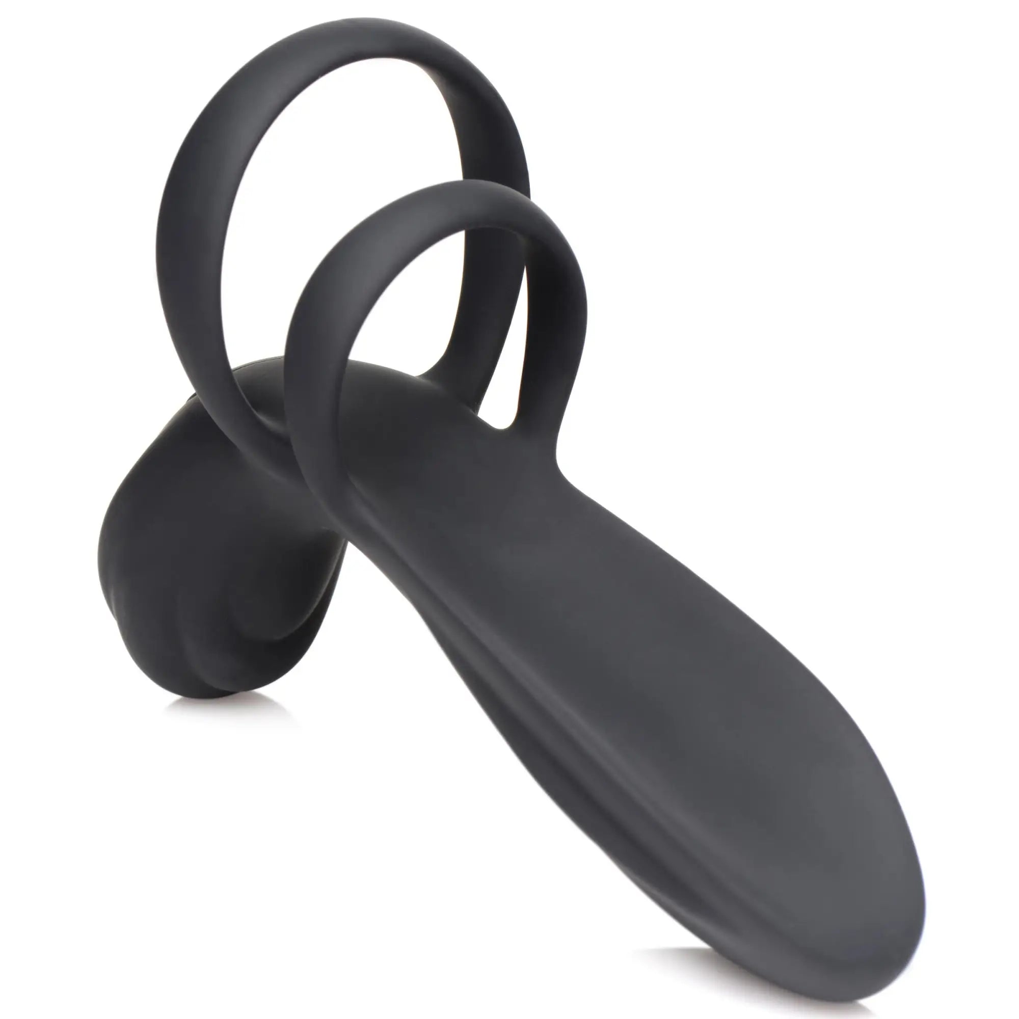 Trinity Men 10X black silicone vibrating girth enhancer featuring two circular rings and an elongated extension piece.