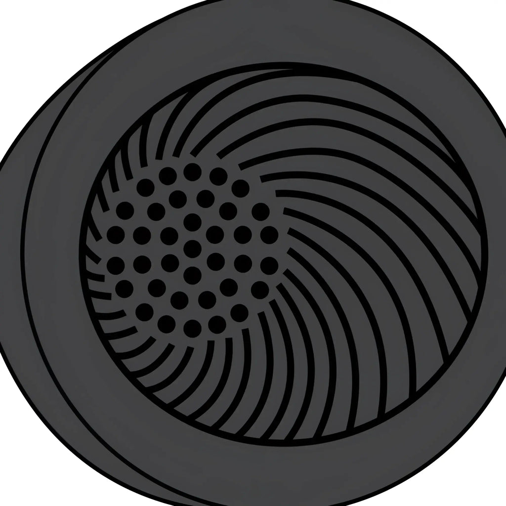 Trinity Men 10X Turbo Silicone Penis Head Pleaser: A circular, dark grey textured interface with dots and spiral lines.