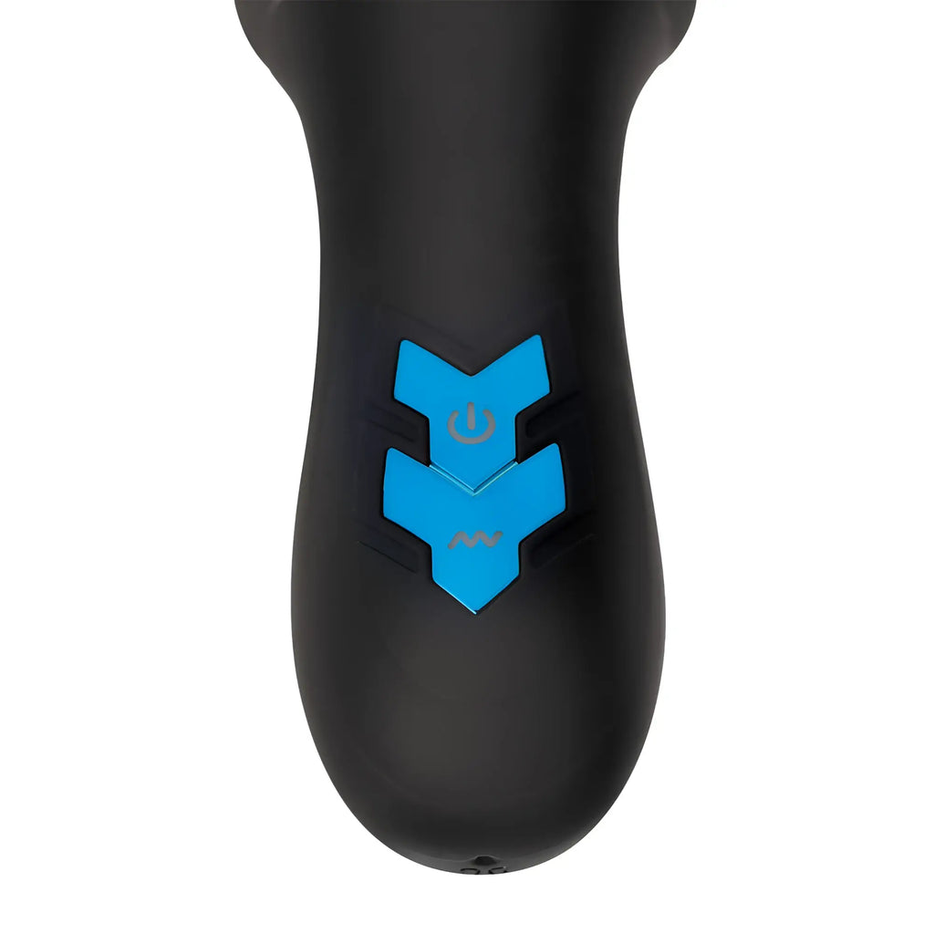 Trinity Men 10X Turbo Silicone Penis Head Pleaser: black silicone device with two blue, chevron-shaped control buttons.