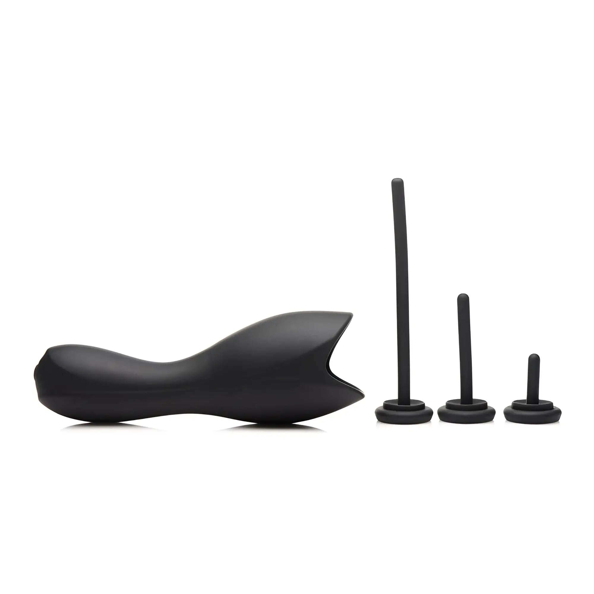 Trinity Men 10X Vibrating Penis Head Teaser with three black silicone urethral sounding rods of varying lengths.