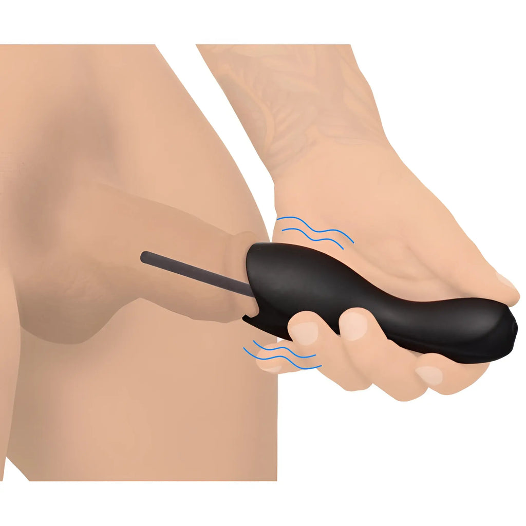 Trinity Men 10X black vibrating teaser with a thin urethral sound being held over a penis.