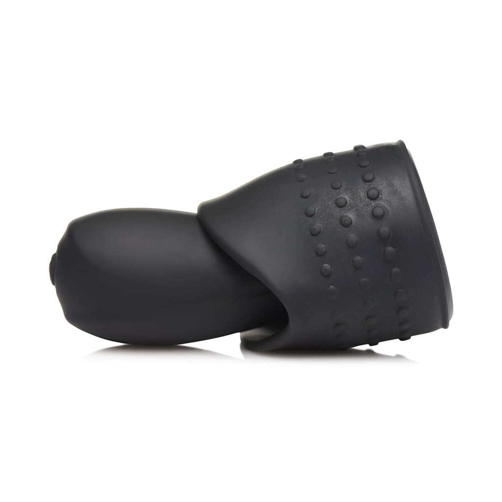 Black Trinity Men 10X vibrating penis head teaser featuring a textured, studded cuff design on a white background.
