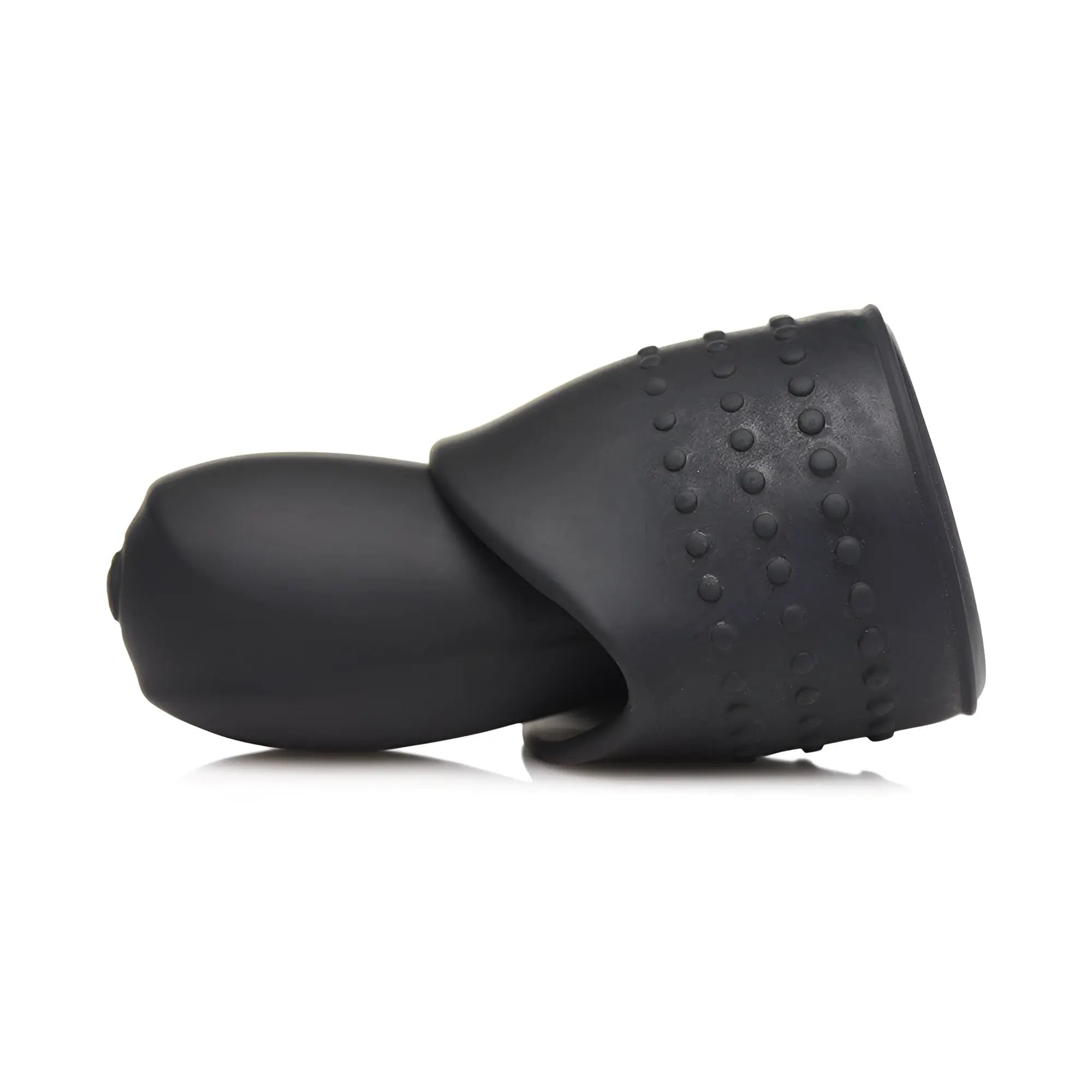 Black Trinity Men 10X vibrating penis head teaser featuring a textured, studded cuff design on a white background.