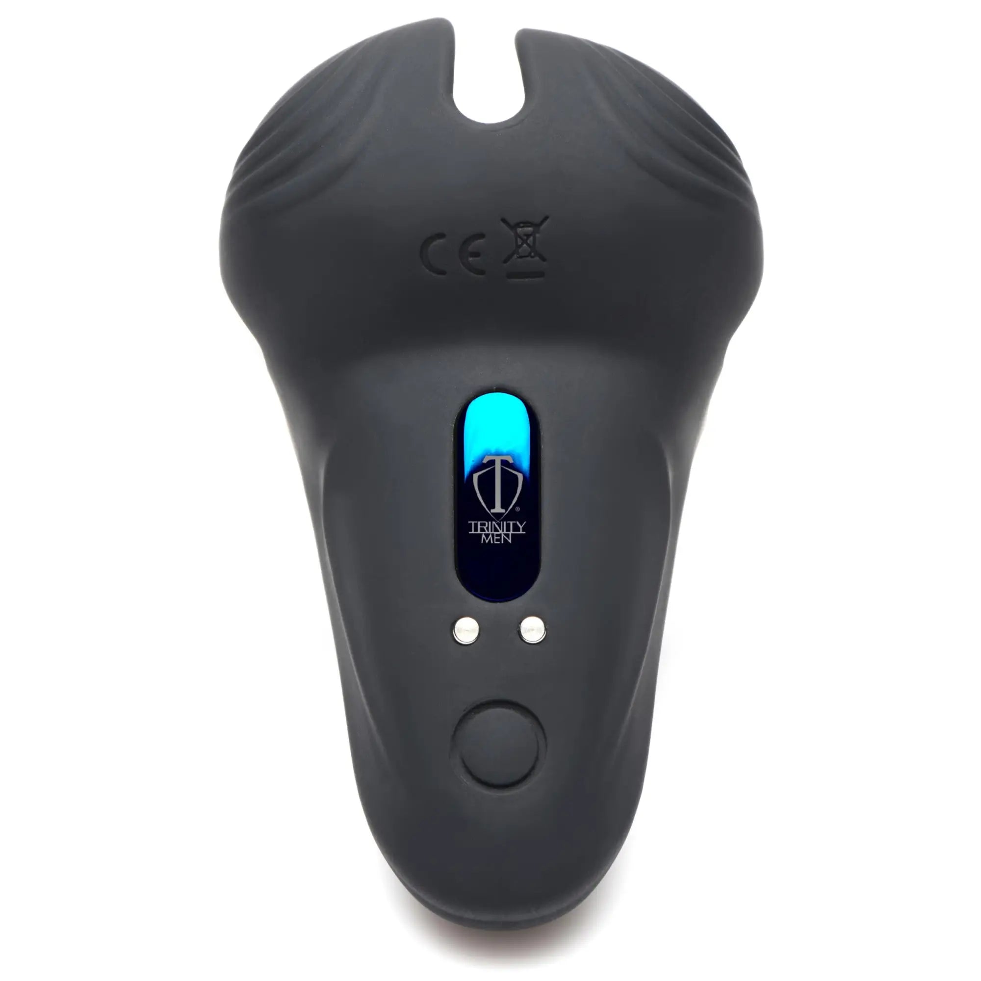 Trinity Men 10X vibrating silicone cock ring with a matte black finish, glowing blue logo, and control buttons.