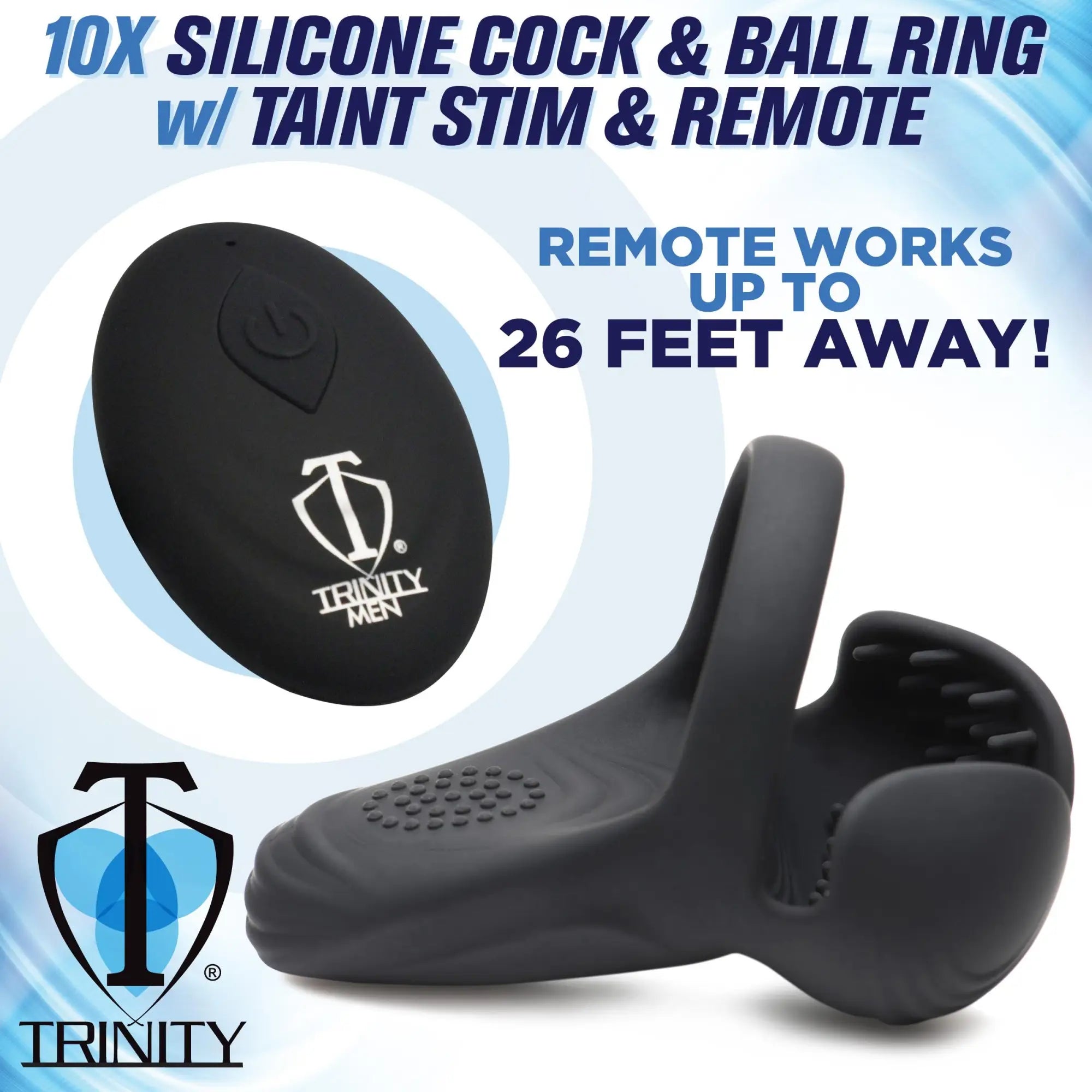 Black Trinity Men 10X vibrating silicone cock ring with textured taint stimulator and matching remote control.