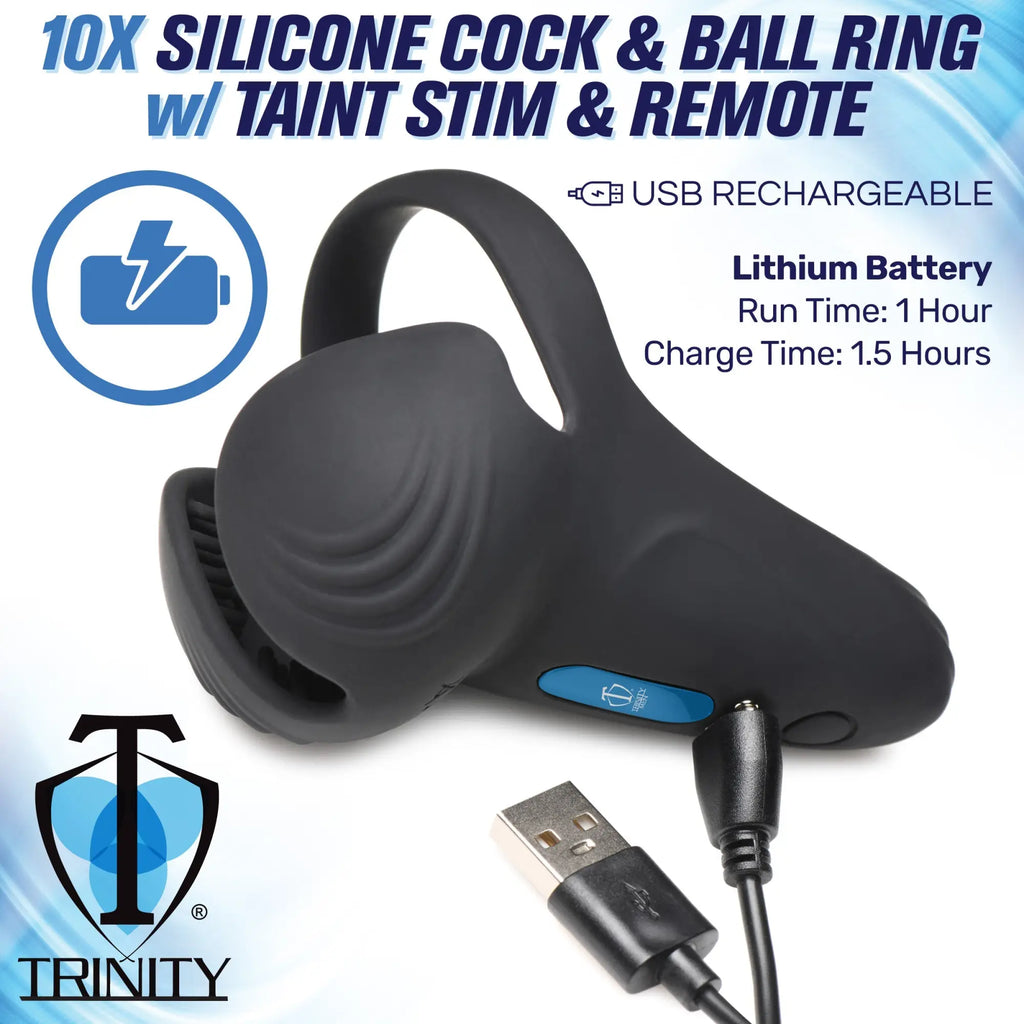 Trinity Men 10X black silicone vibrating cock ring with taint stimulator, shown being charged with a USB cable.