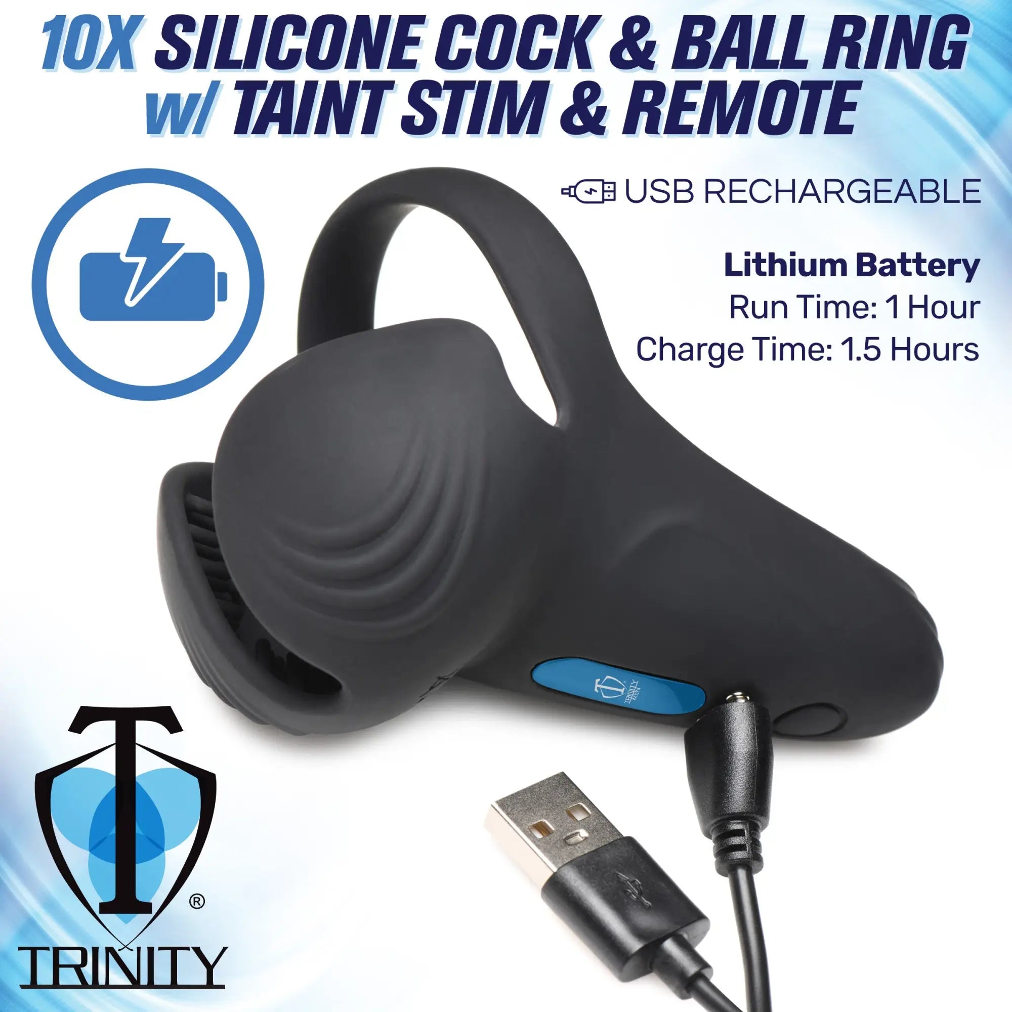 Trinity Men 10X black silicone vibrating cock ring with taint stimulator, shown being charged with a USB cable.
