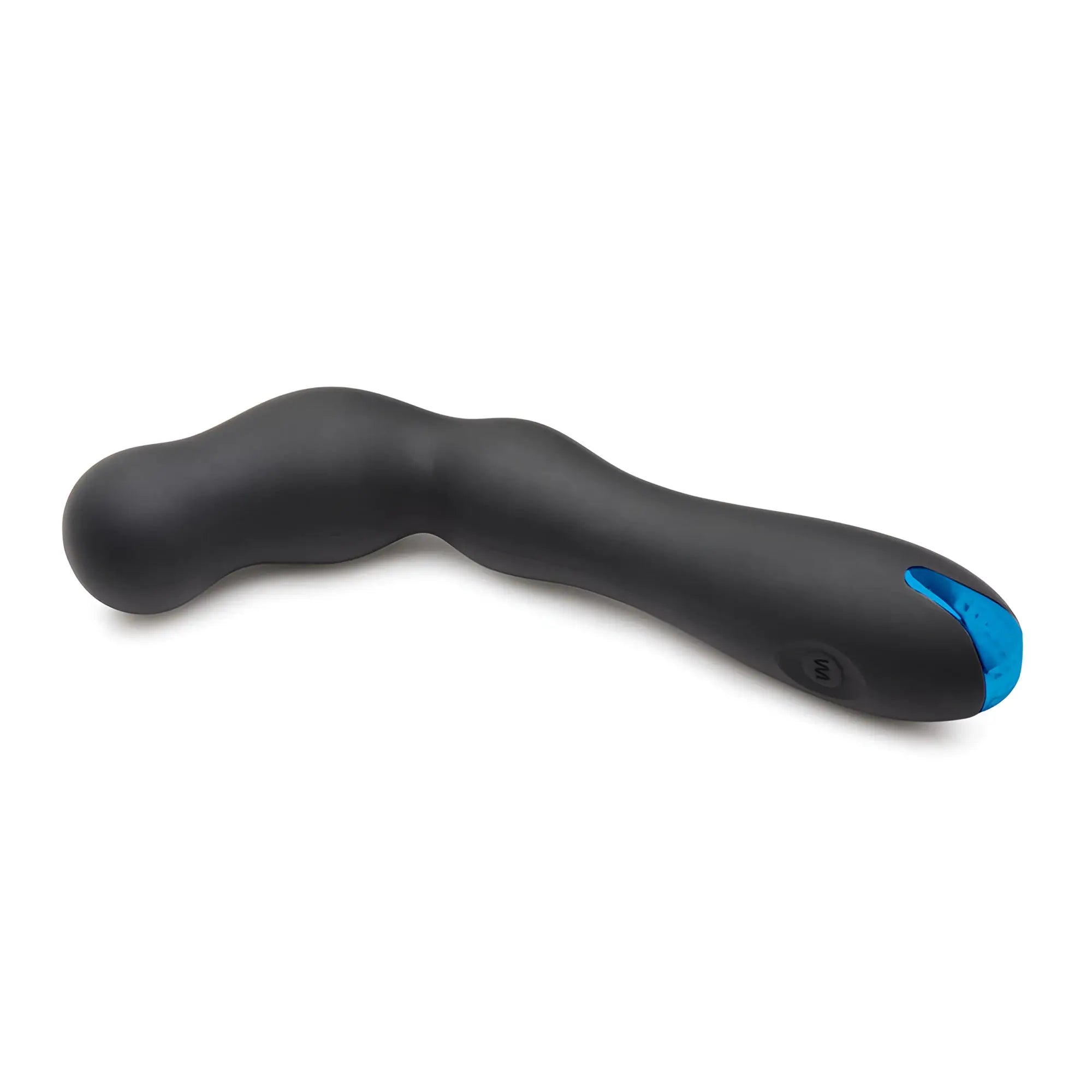 Trinity Men 12X silicone prostate vibrator in matte black with a curved shape and a bright blue base.