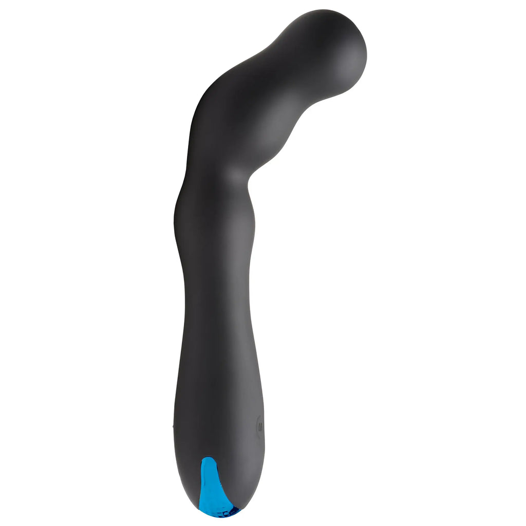 Trinity Men 12X black silicone prostate vibrator with a curved, beaded shaft and a bright blue base.