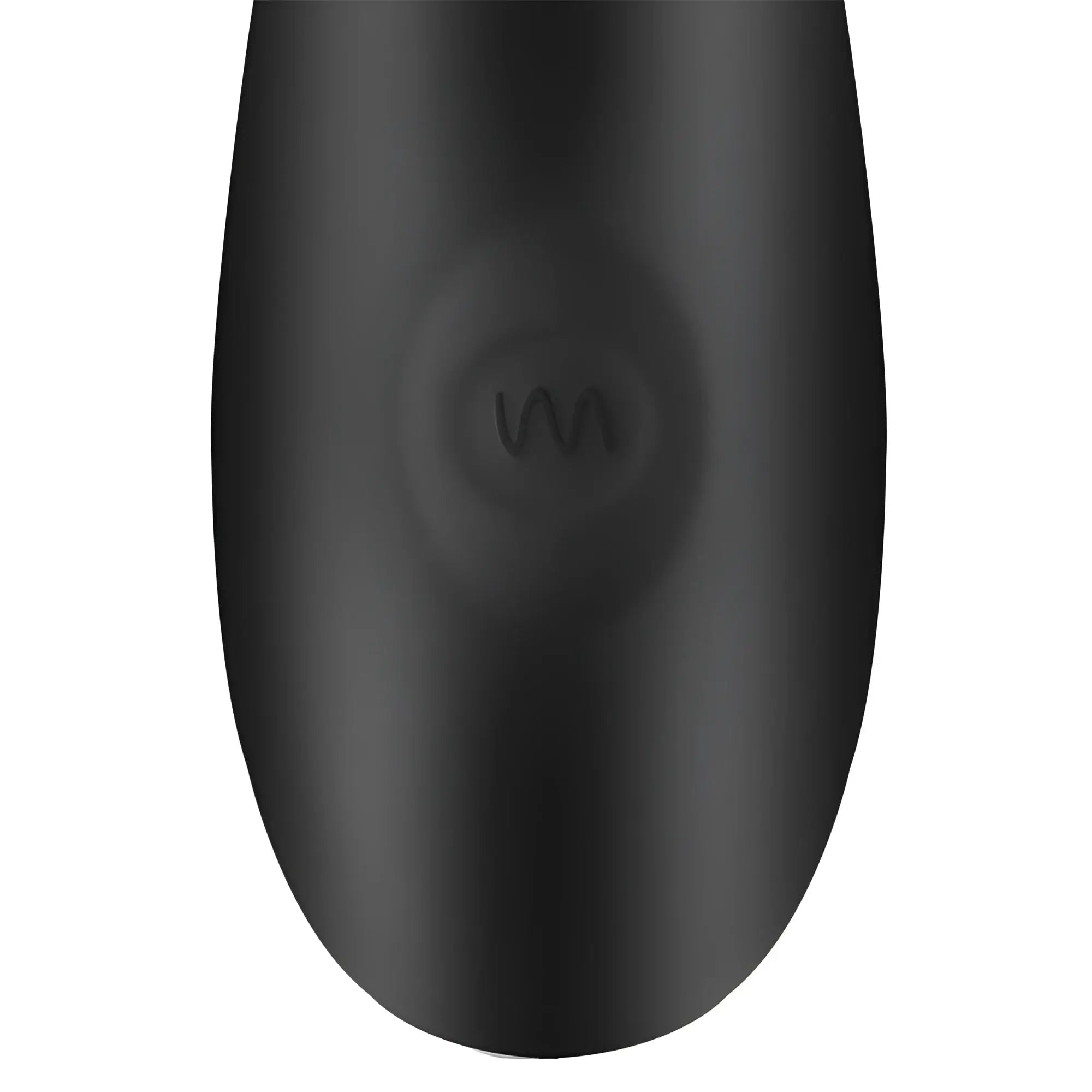 Close-up of the black silicone handle of the Trinity Men 12X prostate vibrator, featuring a raised wave-pattern button.