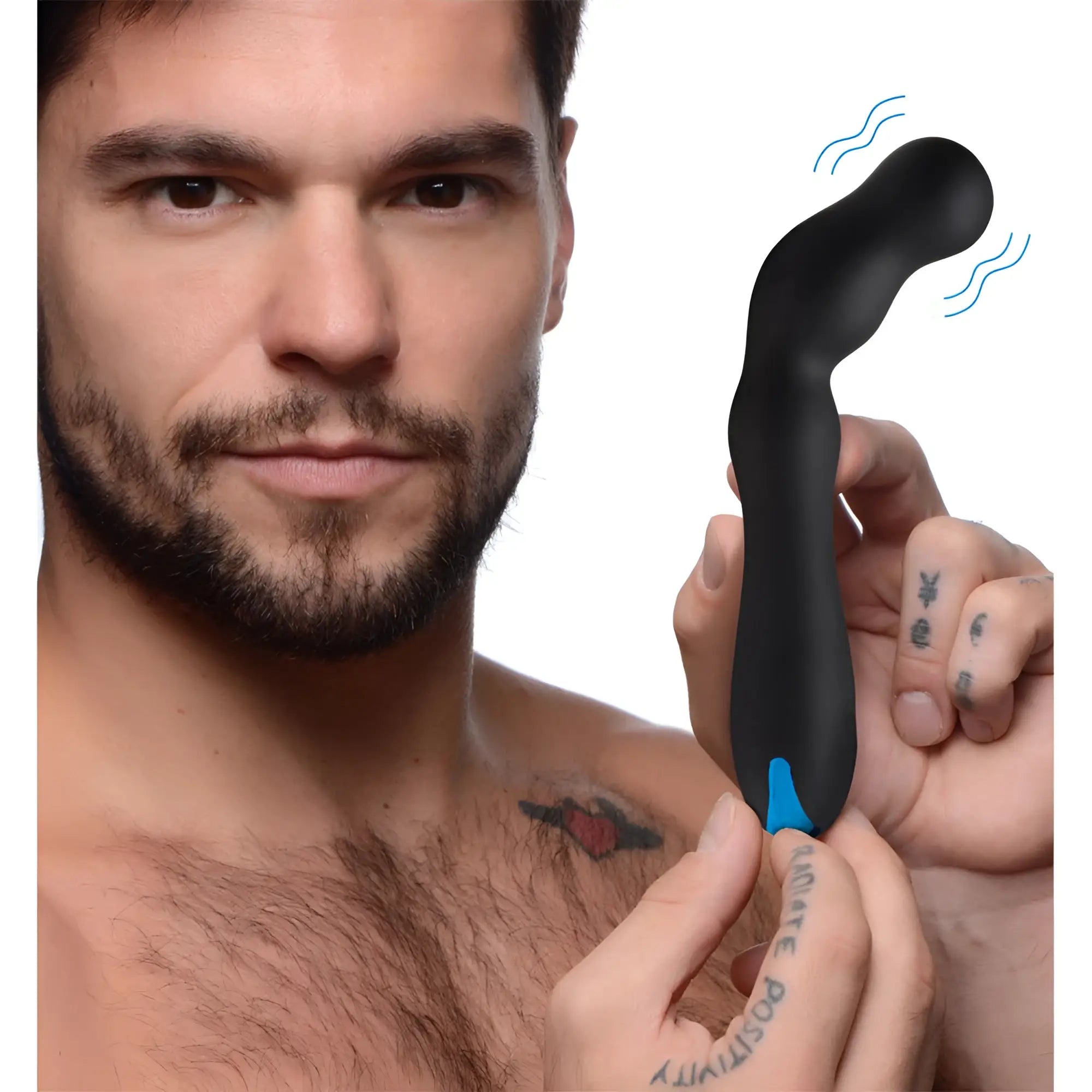A man holds a black, curved silicone Trinity Men 12X prostate vibrator featuring blue accents and motion lines.