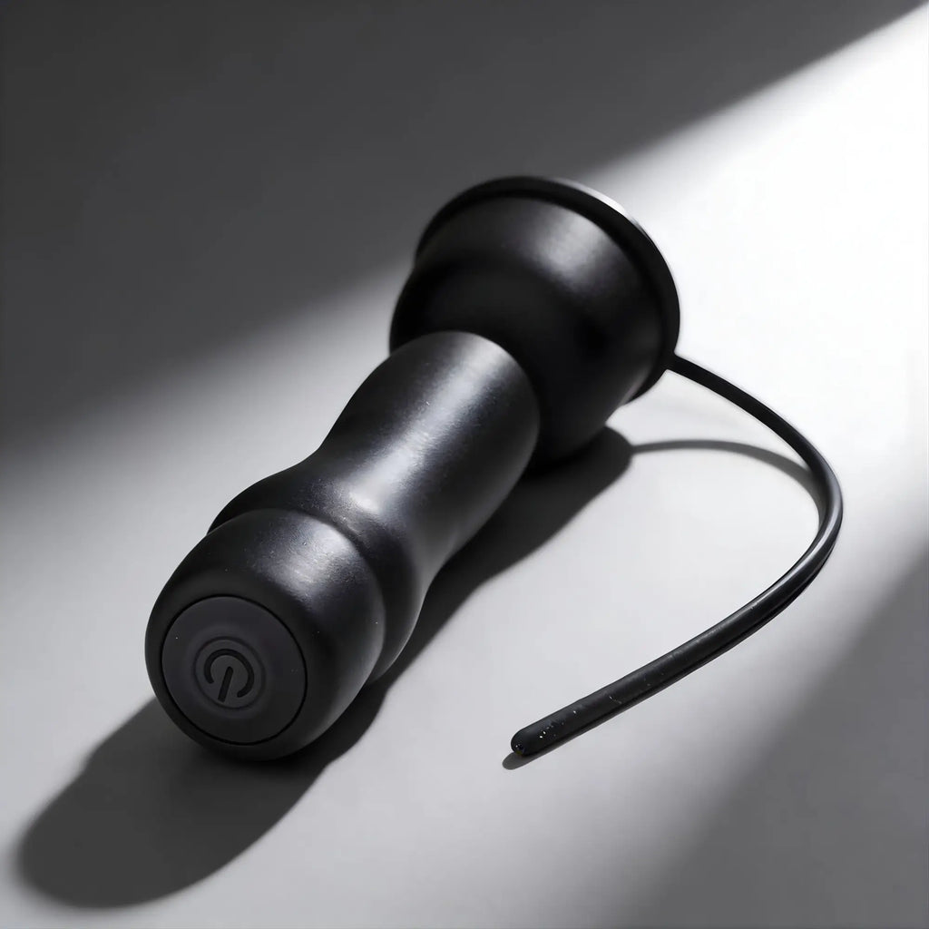 Trinity Men 16X: Matte black handheld teaser with a contoured base, power button, and a thin, flexible urethral sound.