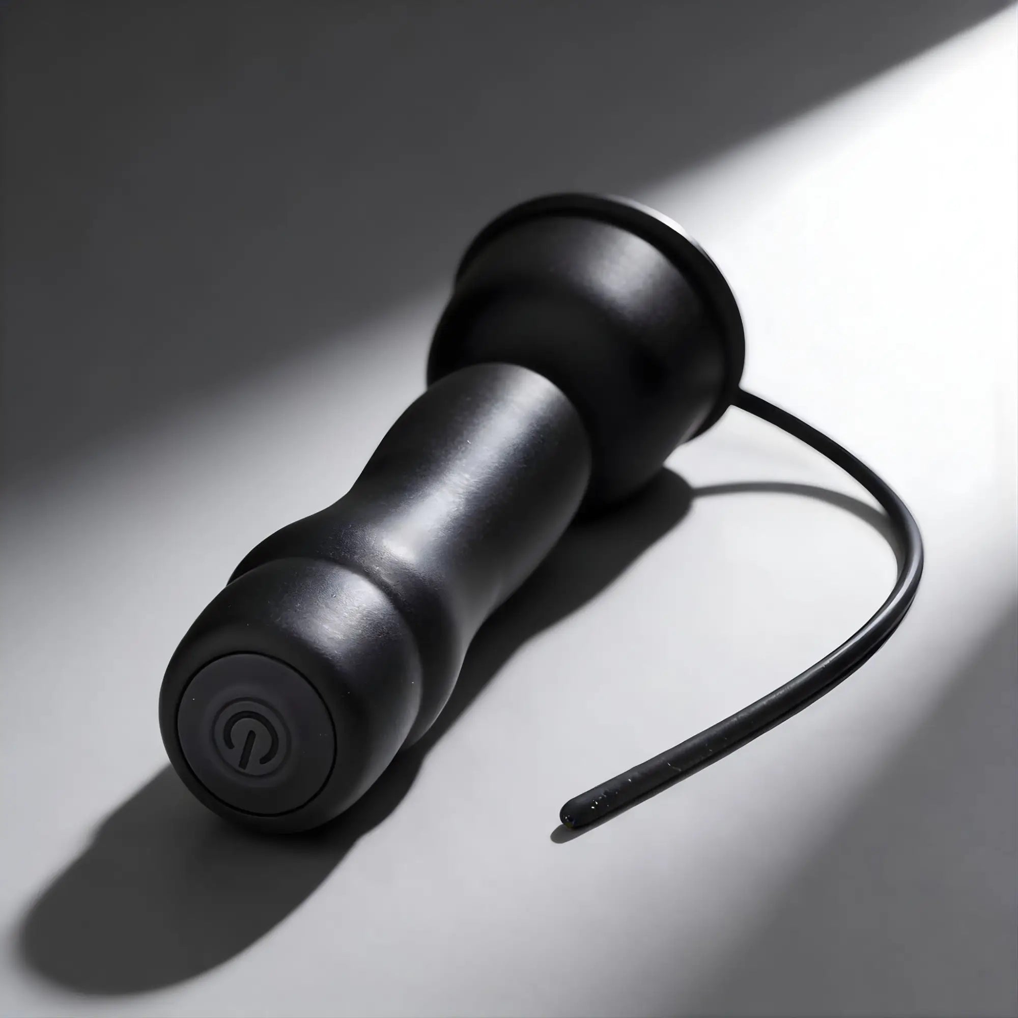 Trinity Men 16X: Matte black handheld teaser with a contoured base, power button, and a thin, flexible urethral sound.