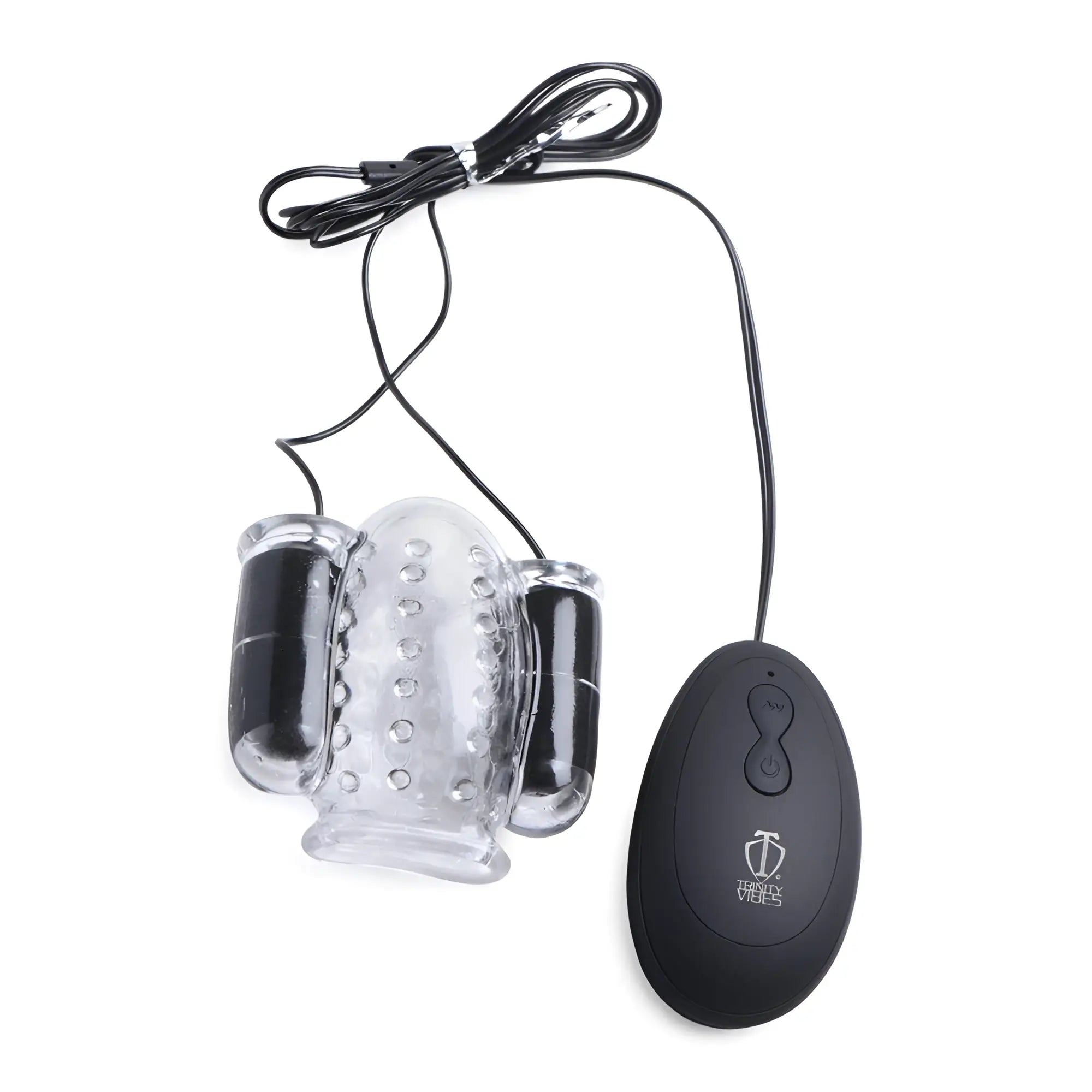 Trinity Men 20X Deluxe dual vibrating teaser: clear textured sleeve with black inserts and black remote controller.