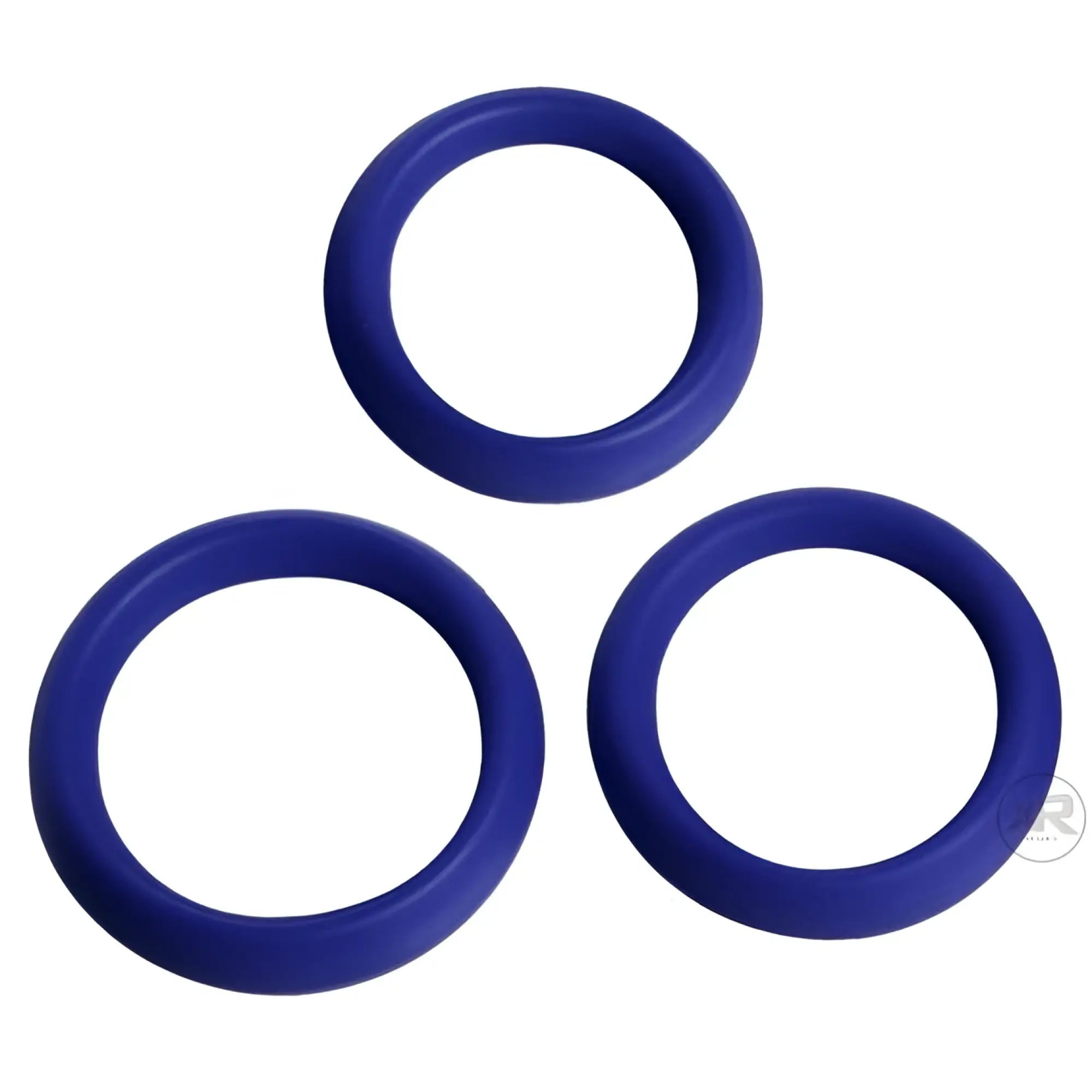 Three Trinity Men super stretchy blue silicone cock rings arranged in a triangle on a white background.