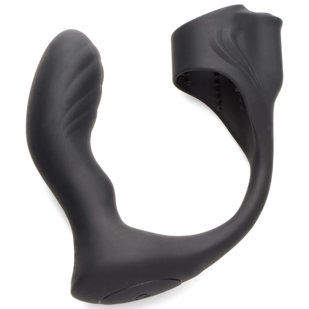 Black Trinity Men 7X silicone prostate plug and ball stretcher with a curved design on a white background.