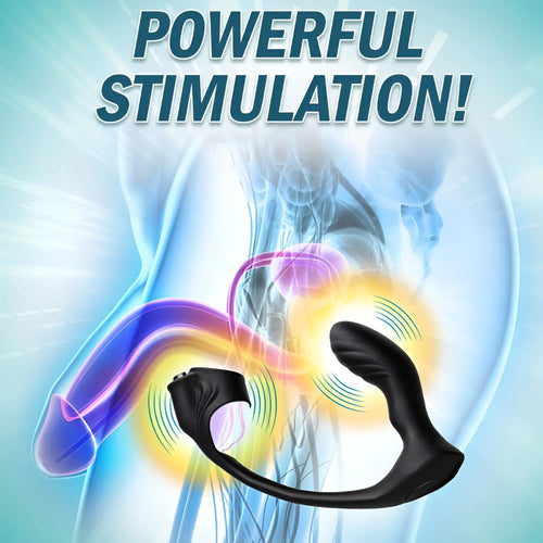 Trinity Men 7X black silicone prostate plug and ball stretcher shown on a medical anatomical background.