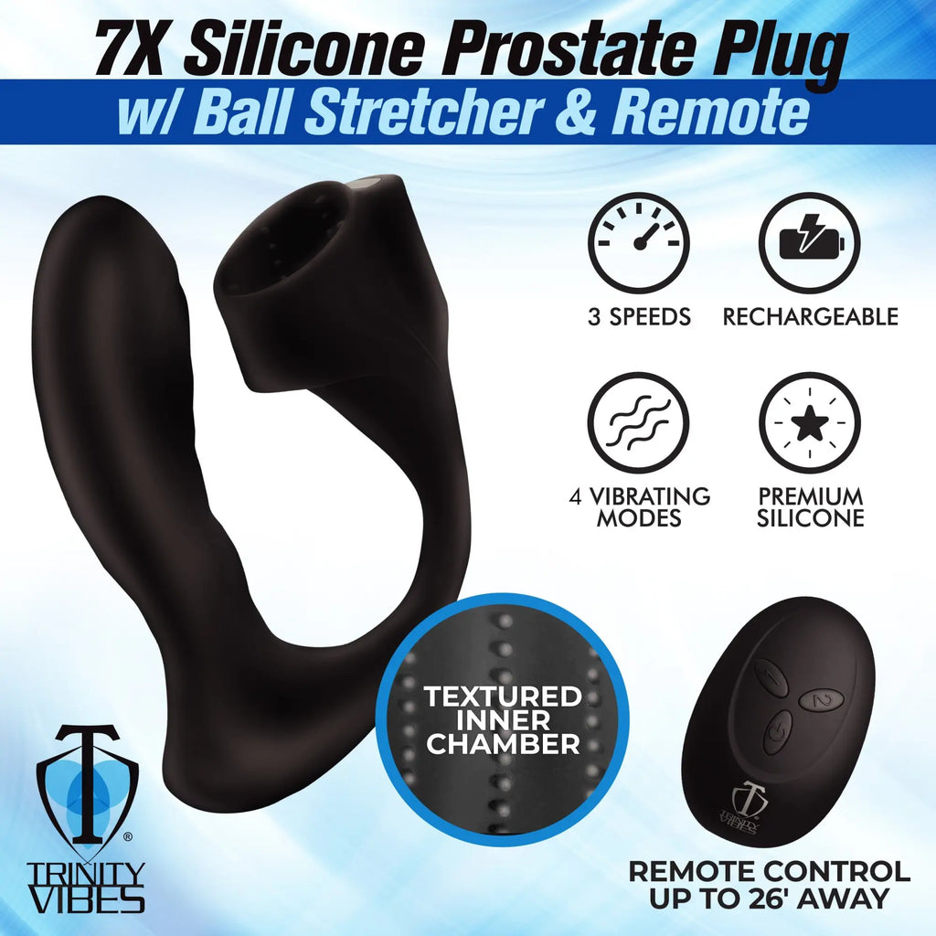Black Trinity Men 7X silicone prostate plug with ball stretcher, textured inner chamber, and remote control.
