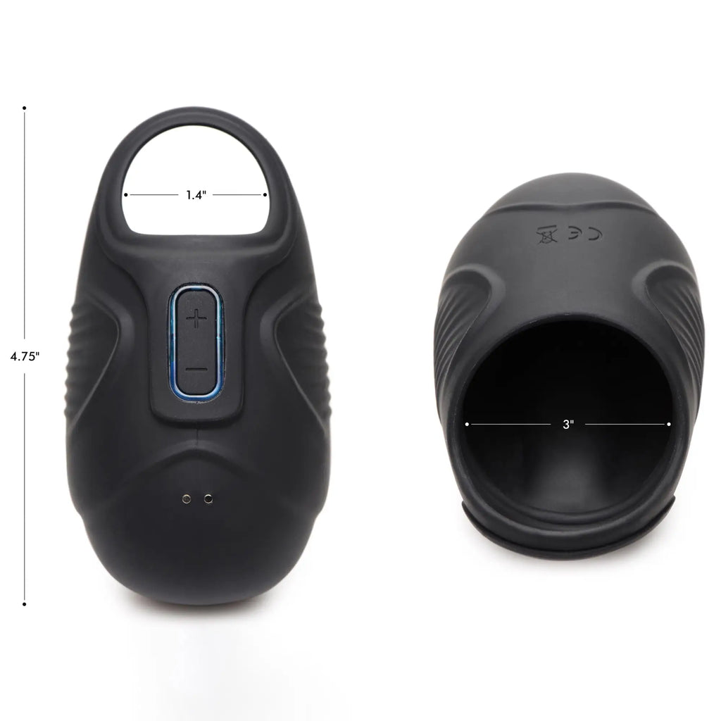 Trinity Men 7x silicone testicle massager in matte black, showing two views with dimensions and a blue control button.