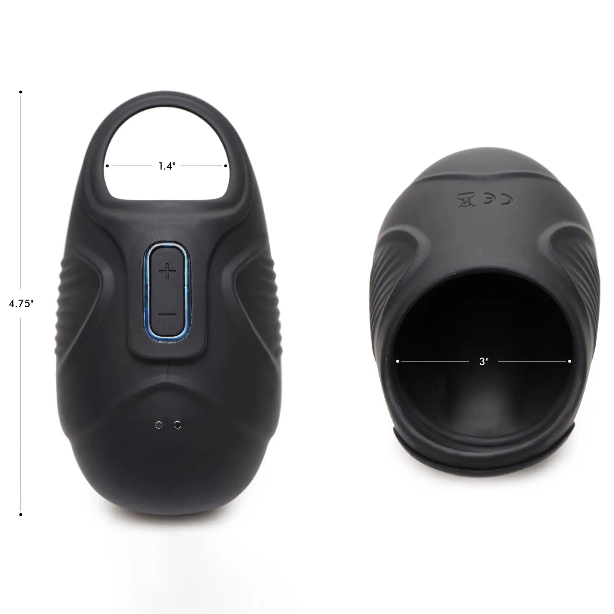 Trinity Men 7x silicone testicle massager in matte black, showing two views with dimensions and a blue control button.