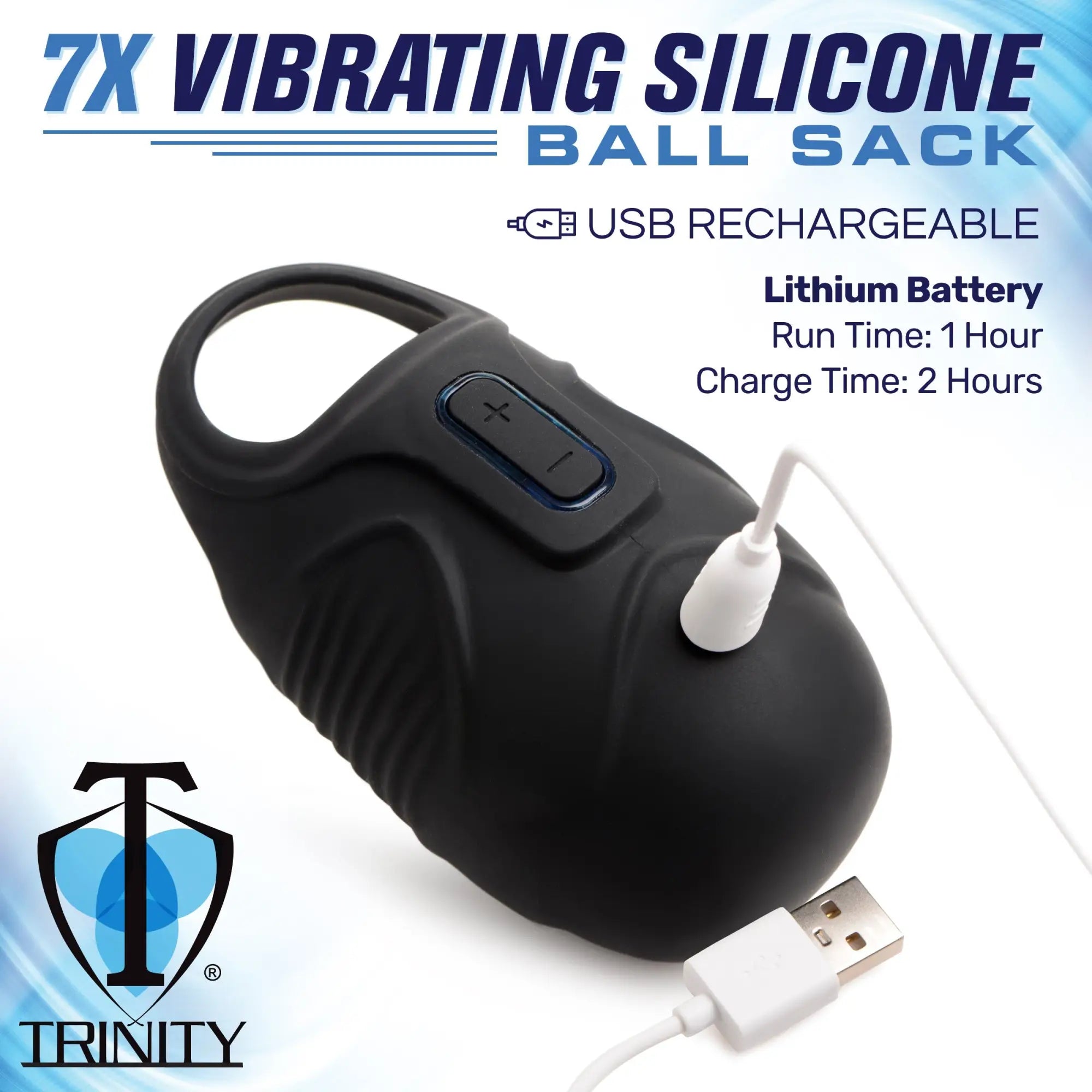 Black Trinity Men 7x vibrating silicone testicle massager with control buttons, connected to a white USB charging cable.