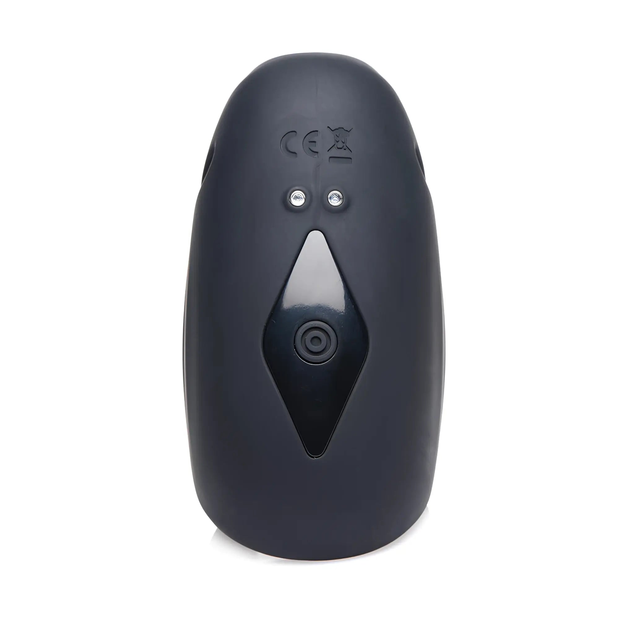 Trinity Men 8X: A smooth, charcoal-gray, oval silicone stimulator with a central diamond-shaped control button.