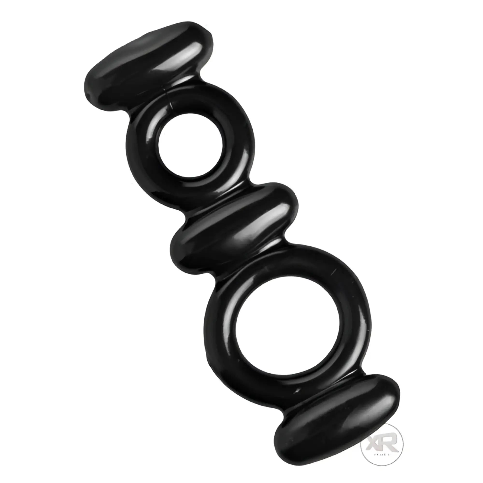 Trinity Men Dual Stretch To Fit black silicone cock and ball ring with a linked, figure-eight design.