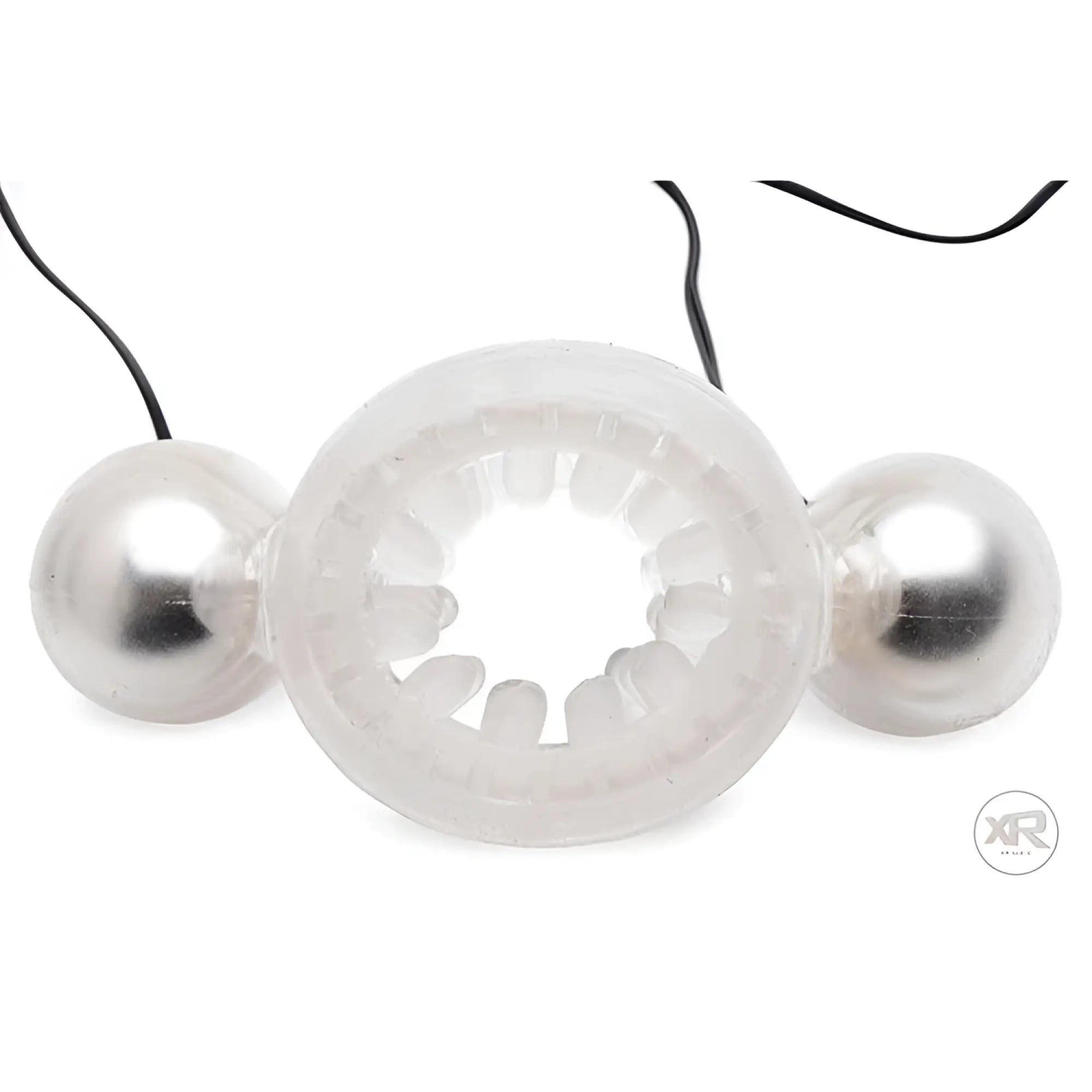 Trinity Men Dual Vibrating Penis Head Teaser: clear, textured ring with two silver side spheres and attached wires.