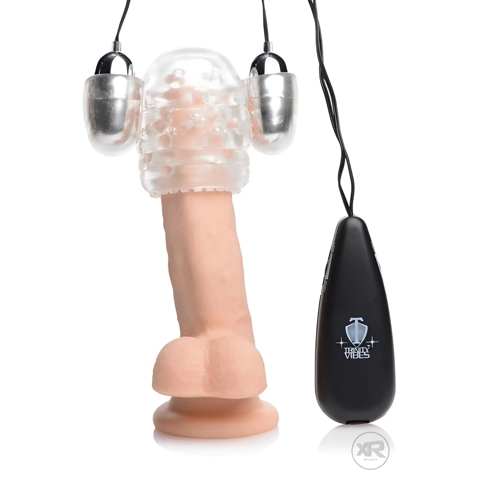 Trinity Men Dual Vibrating Penis Head Teaser: A skin-toned phallic toy with clear, textured cap and silver vibrators.