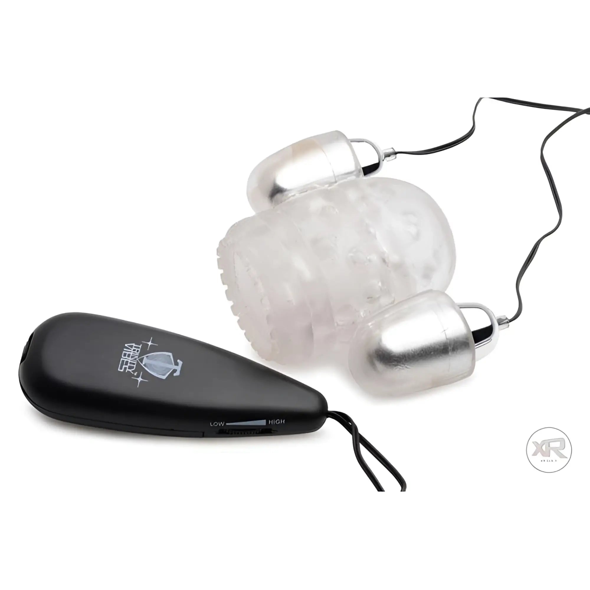Trinity Men Dual Vibrating Penis Head Teaser: clear textured silicone massager with two silver caps and black controller.