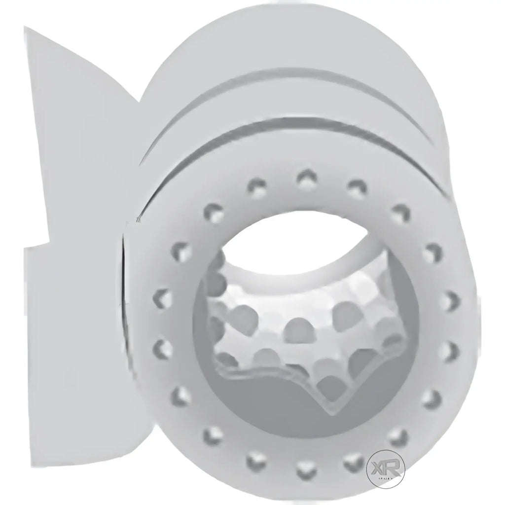 Trinity Men Dual Vibrating Penis Sheath: a grey, textured silicone sleeve with a central opening and ring design.