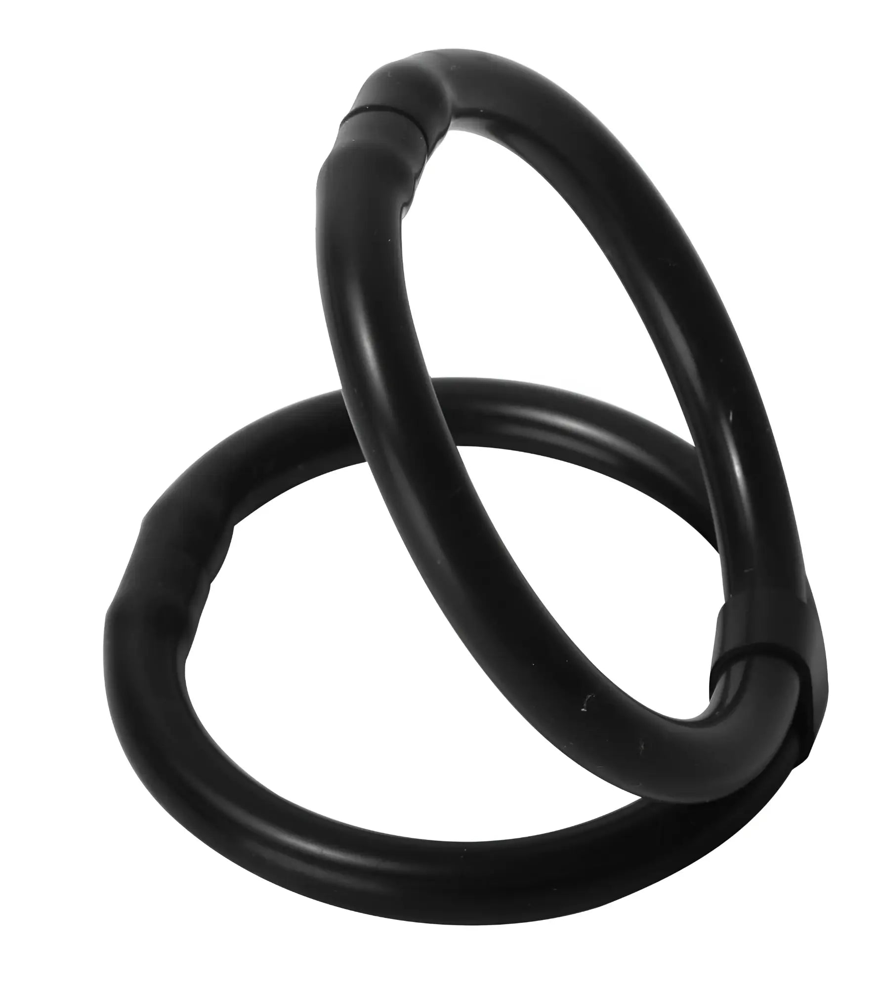 Trinity Men Easy Release Duo: Black, dual-ring silicone cock and ball device with an interlocking loop design.