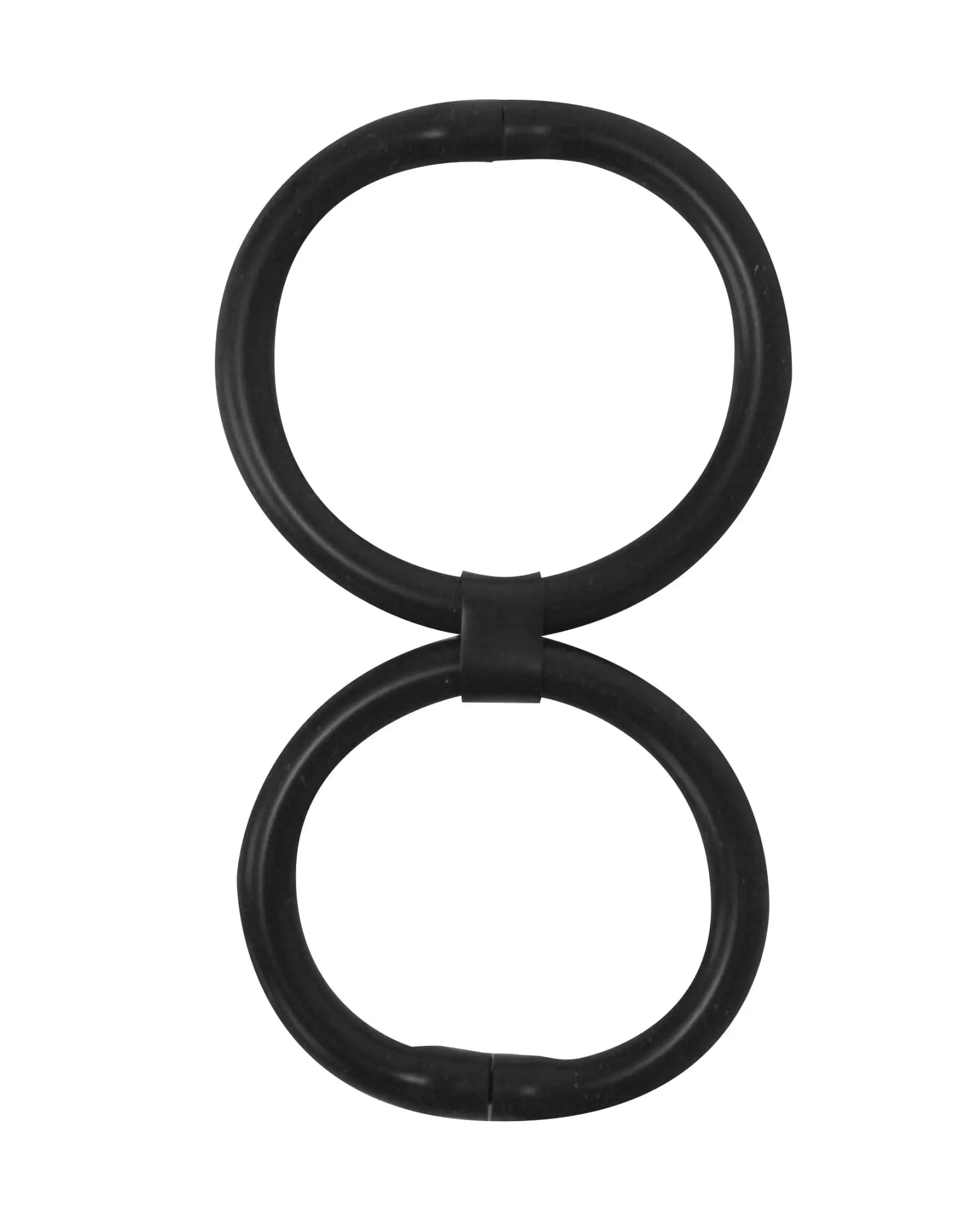 Trinity Men Easy Release Duo Cock & Ball Ring: A matte black, figure-eight shaped silicone dual-ring device.