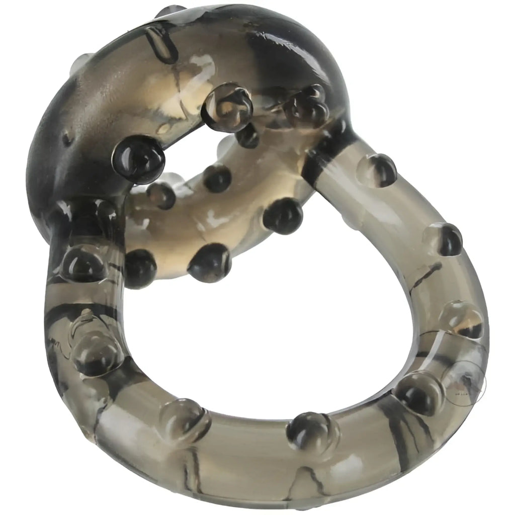 Trinity Men The Enhancer: A translucent grey, dual-ring silicone cock ring featuring textured bumps for stimulation.