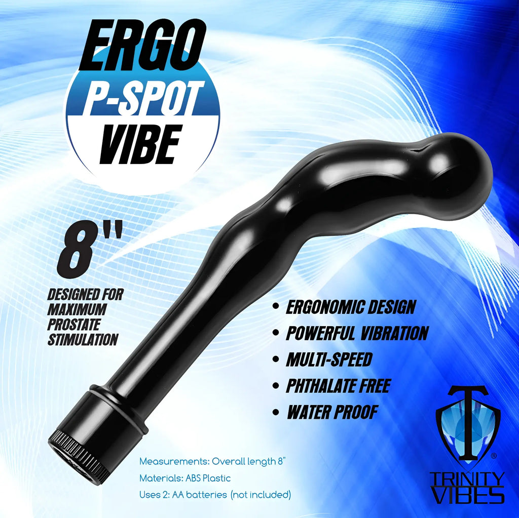 Trinity Men Ergo Prostate Vibe: A black, 8-inch ergonomic curved massager on a blue abstract background.