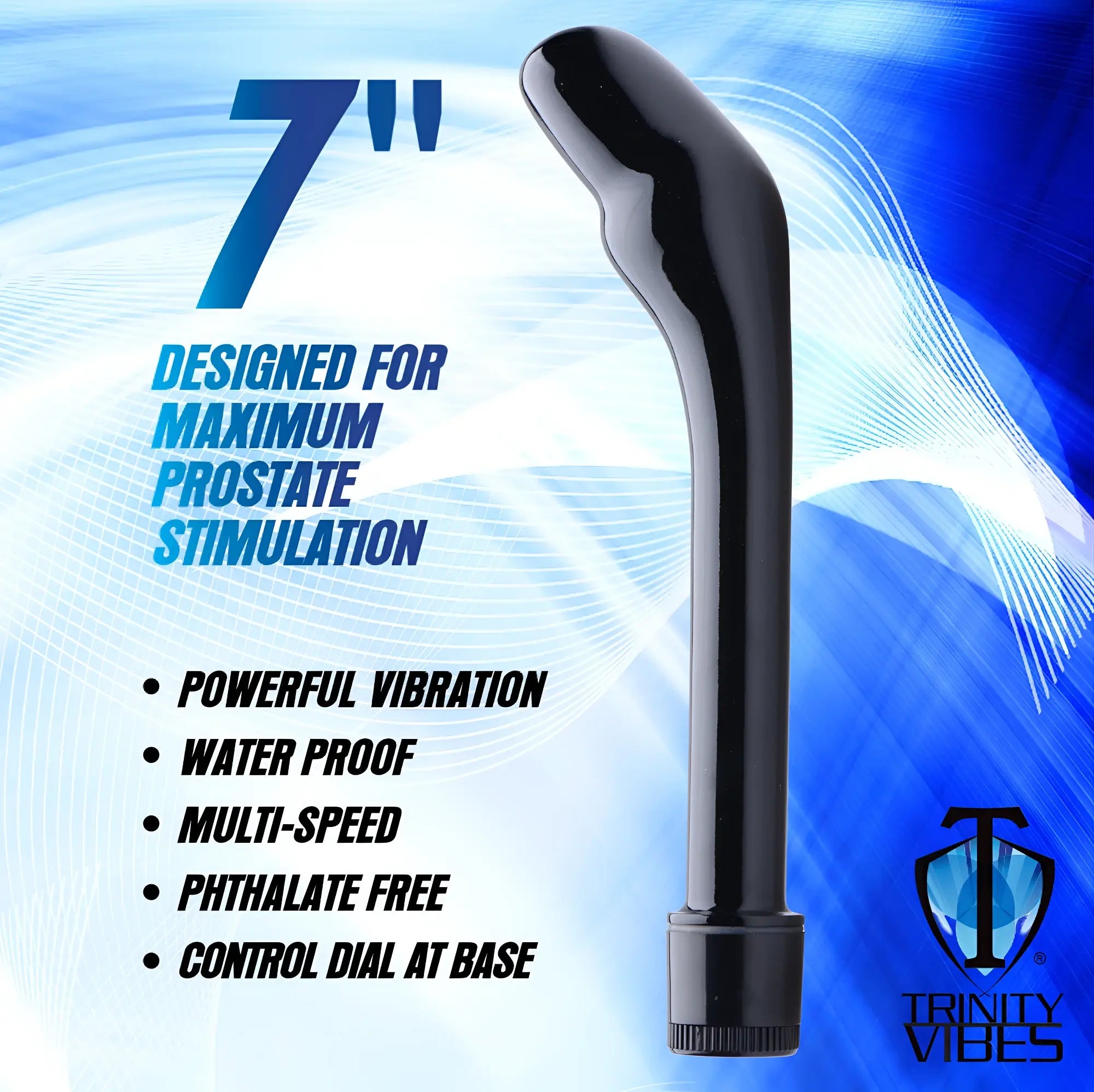 Trinity Men The Essential P-Spot Vibe: a sleek, black, 7-inch curved prostate massager with a base control dial.