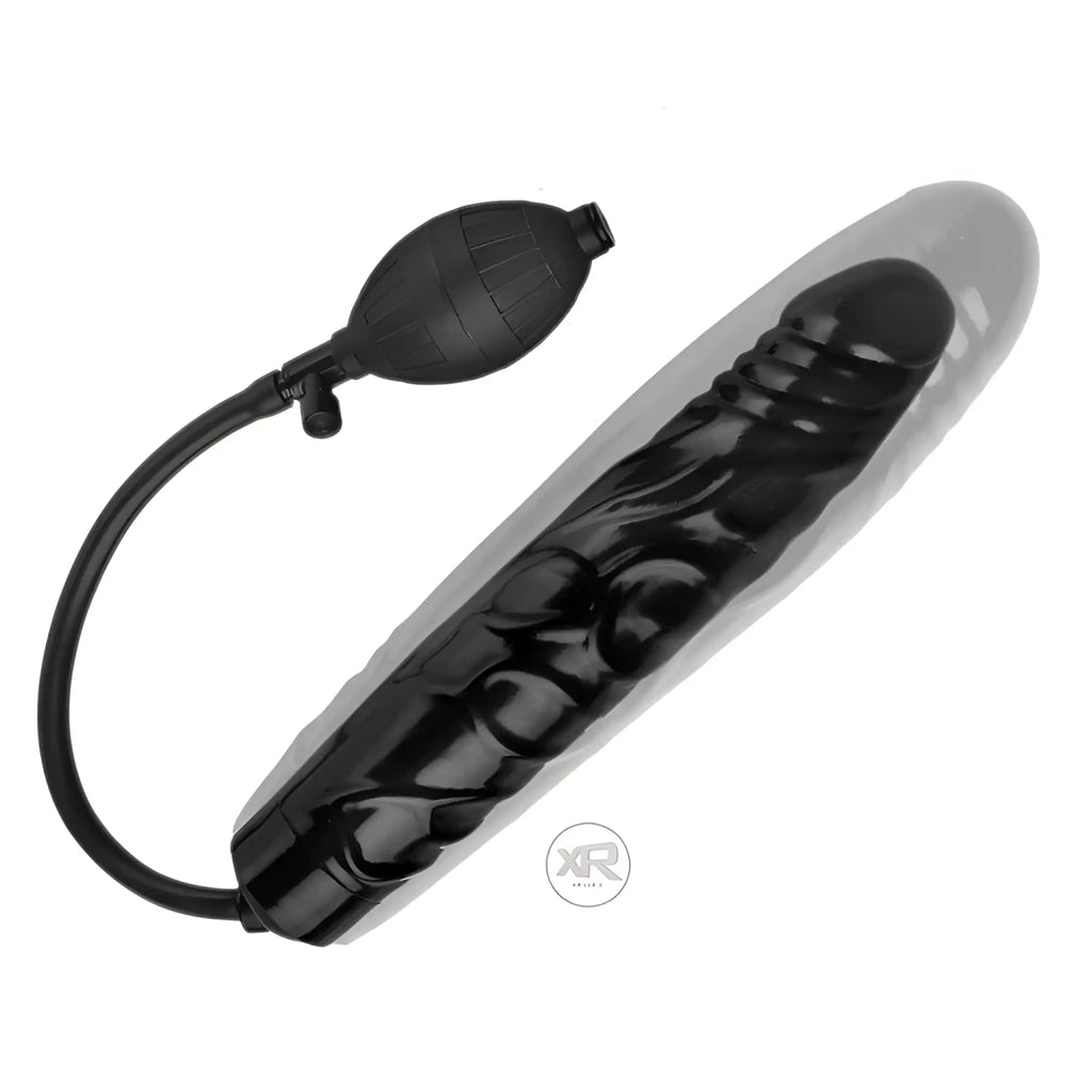 Trinity Men Inflatable Penis: A black, realistic-style phallic toy with a manual hand pump for inflation.