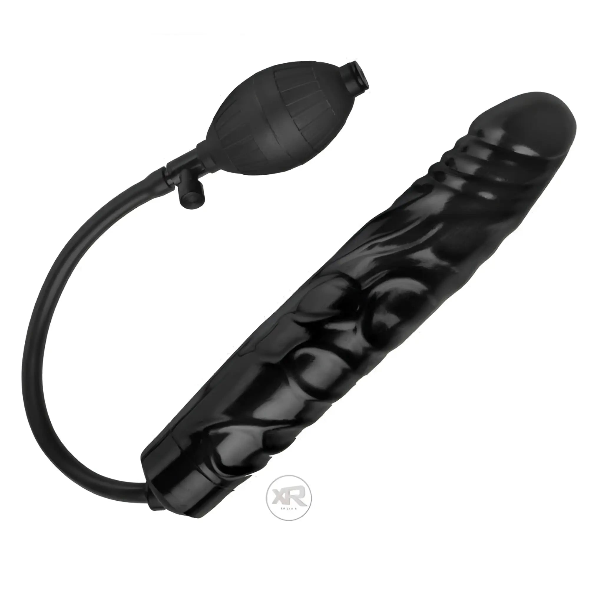 Trinity Men Inflatable Penis: A black, textured inflatable phallic device with an attached manual air pump bulb.