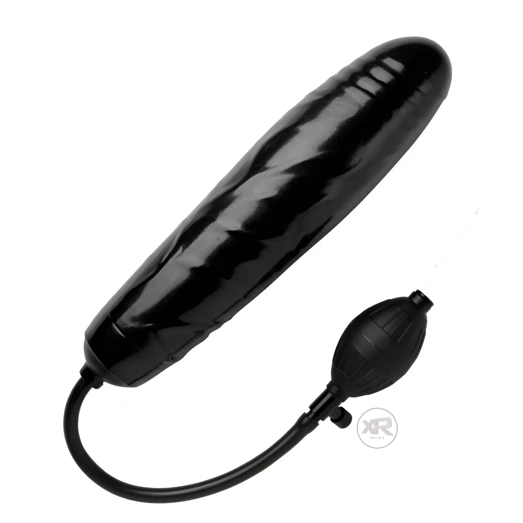 Trinity Men Inflatable Penis: A sleek, black inflatable phallic device with an attached manual hand pump.
