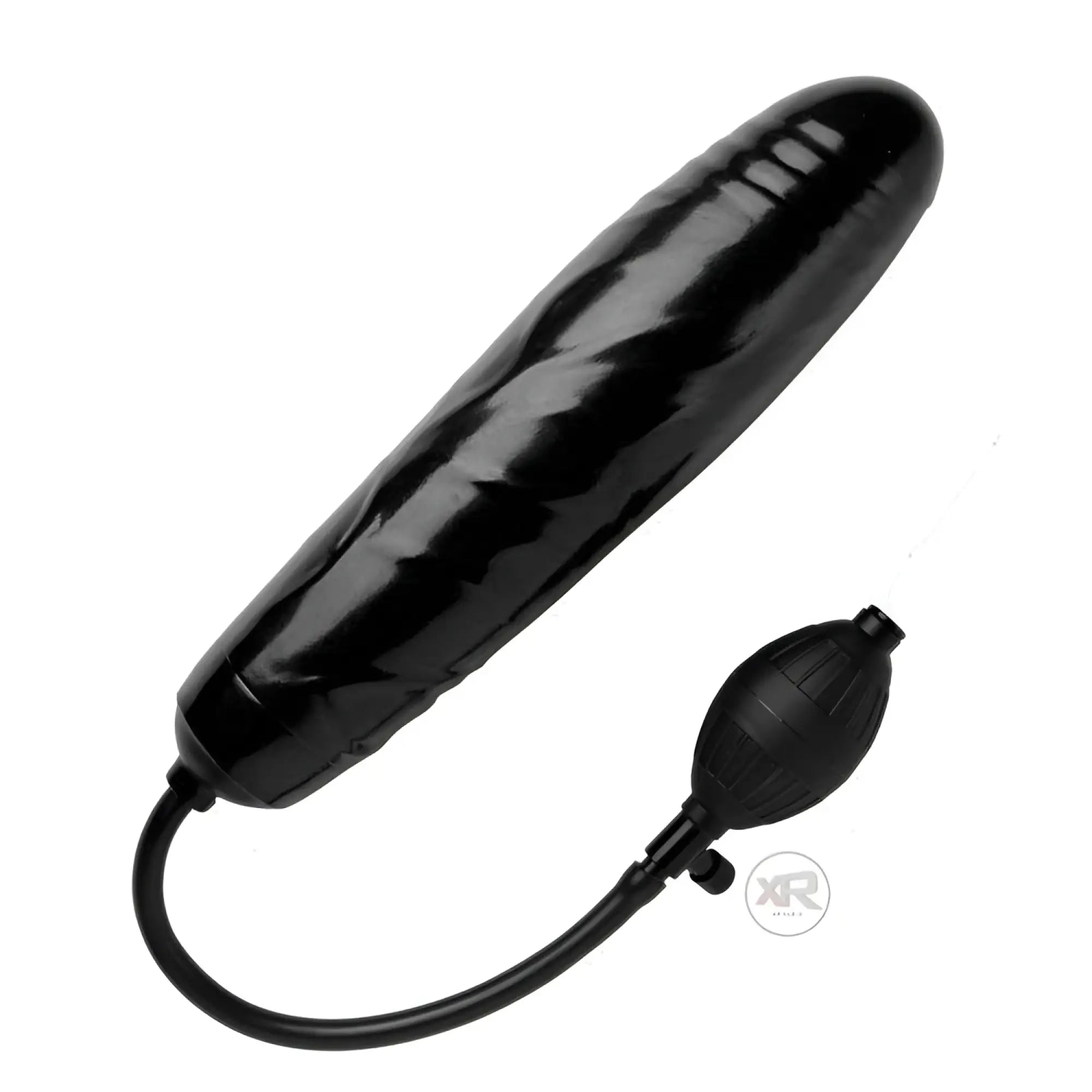 Trinity Men Inflatable Penis: A sleek, black inflatable phallic device with an attached manual hand pump.
