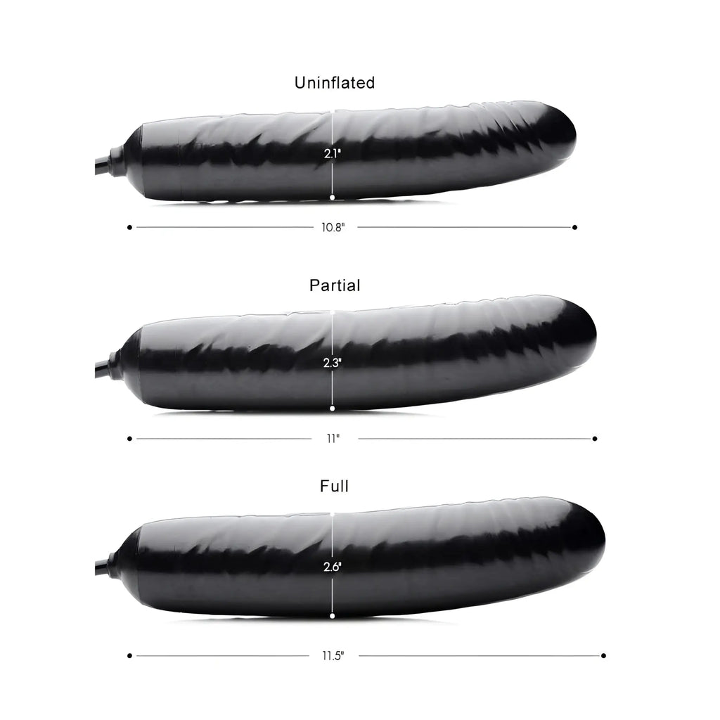 Trinity Men Inflatable Penis: black, smooth phallic toy shown at uninflated, partial, and full inflation measurements.
