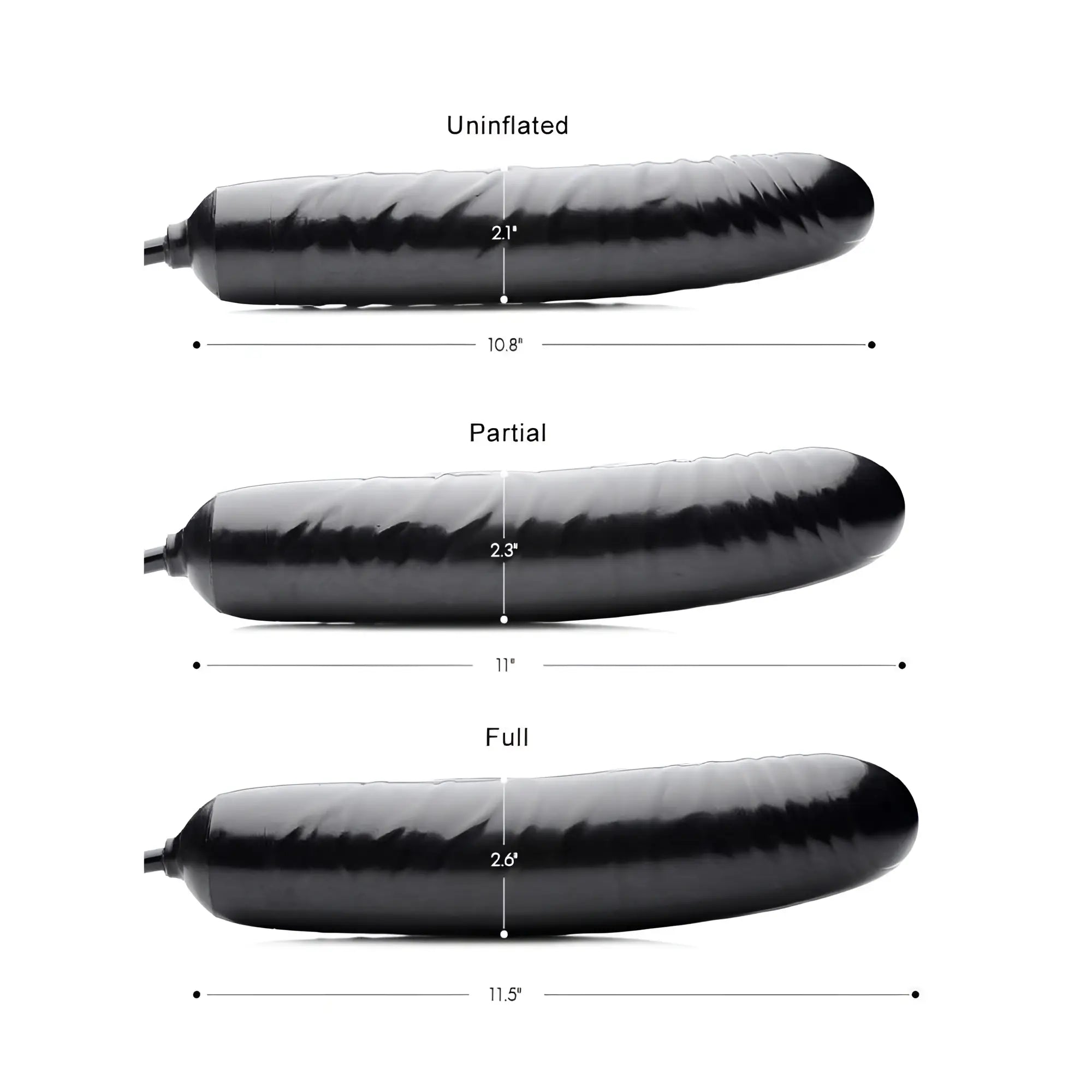 Trinity Men Inflatable Penis: black, smooth phallic toy shown at uninflated, partial, and full inflation measurements.