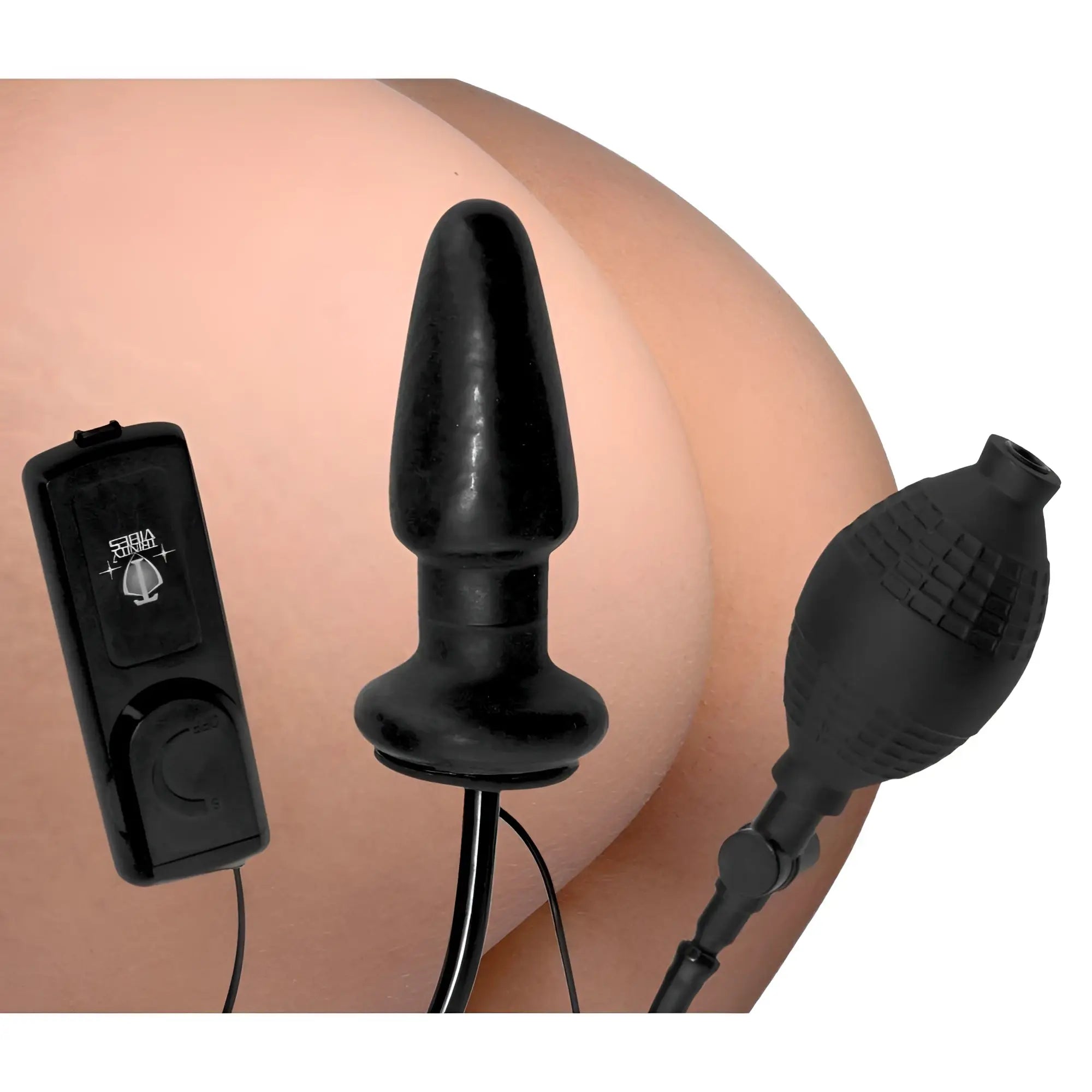 Trinity Men Inflatable & Vibratable black silicone butt plug with hand pump and remote control.